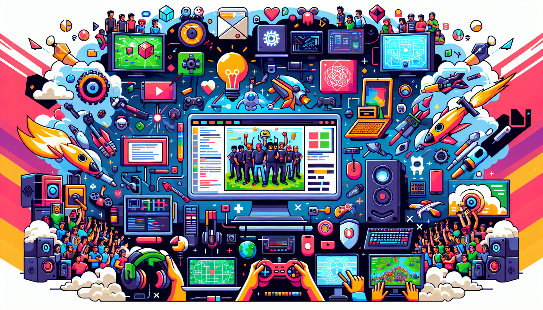 Illustration of the concept of Esports development in a modern and colorful style. The image showcases several elements typically associated with game development - tools like coding editors, game engines, graphic design software, 3D modelling applications, and hardware such as computers and game controllers. Around these elements, there are depictions of various aspects of Esports, such as headsets, cheering crowds, and internet streams. All elements are created in lively, vivid colors to convey the energetic and modern feel of Esports. The entire illustration is rendered in 8bit pixel art style, providing a nostalgic nod to classic gaming.