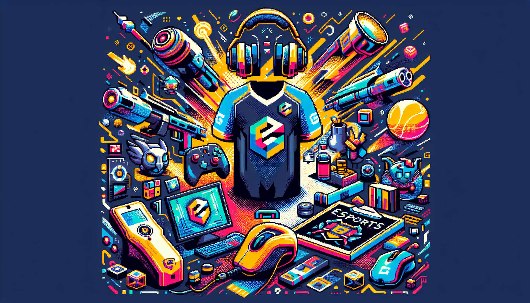 Create a lively, modern, 8-bit Pixel Art style illustration that represents the exciting universe of Esports merchandising. The image should depict an array of merchandise related to esports: gaming headsets, jerseys, mousepads, and collectibles. Highlight the vibrant energy of Esports through the use of dynamic shapes and a bold, vivid color palette.