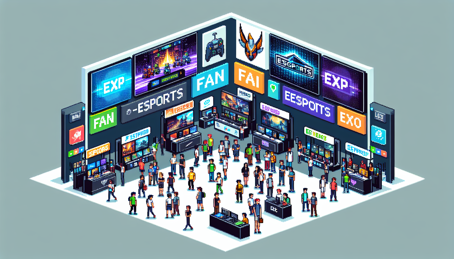 Visually depict an Esports Fan Expo. Imagine there are digital screens showcasing various popular video games, booths with vendors selling merchandising related to the video games, and fans of multiple descents and both genders excited about the event. The people should be dressed in modern clothing, exhibiting a colorful and vibrant atmosphere. Render this entire scene in pixel art, utilizing an 8-bit art style.