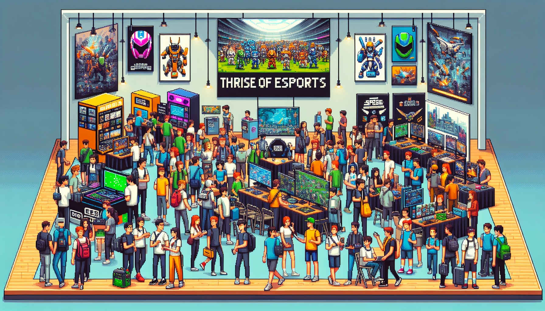 In an exhibition of the rise of Esports, depict a bustling fan meet-up in the style of modern 8-bit pixel art. The vibrant scene should be filled with animated attendees networking and celebrating their shared passion for gaming. There must be display stands featuring gaming gear, posters of popular video games, and interactive gaming booths. Incorporate the diverse demographics of Esports enthusiasts, featuring both male and female characters of various descents discussing and enjoying the games. Ensure the scene is lively, colorful, and immersive, encapsulating the unique spirit of the gaming community.