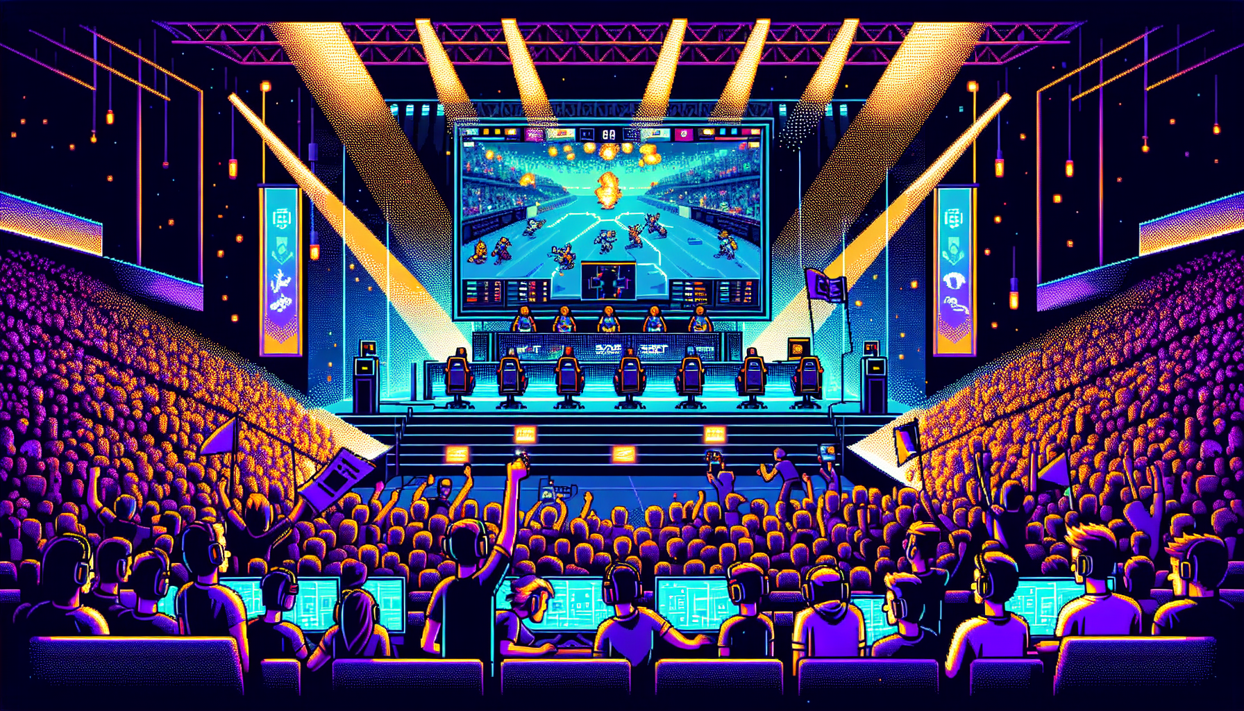 Create an illustration capturing the electrifying atmosphere of Esports fan events. The scene should embody a modern, vibrant 8-bit pixel art style. Visualize a large audience eagerly watching an intense match on a gigantic screen, with players deep in concentration, illuminating neon lights etching their silhouettes. Include gaming consoles, headsets, and other gaming devices on a stage setup. Spectators should be passionately cheering, waving flags representing different game characters or teams. The crowd should be diverse with representation from Caucasian, Black, Hispanic, South Asian, and Middle-Eastern descents to affirm the global appeal of Esports.