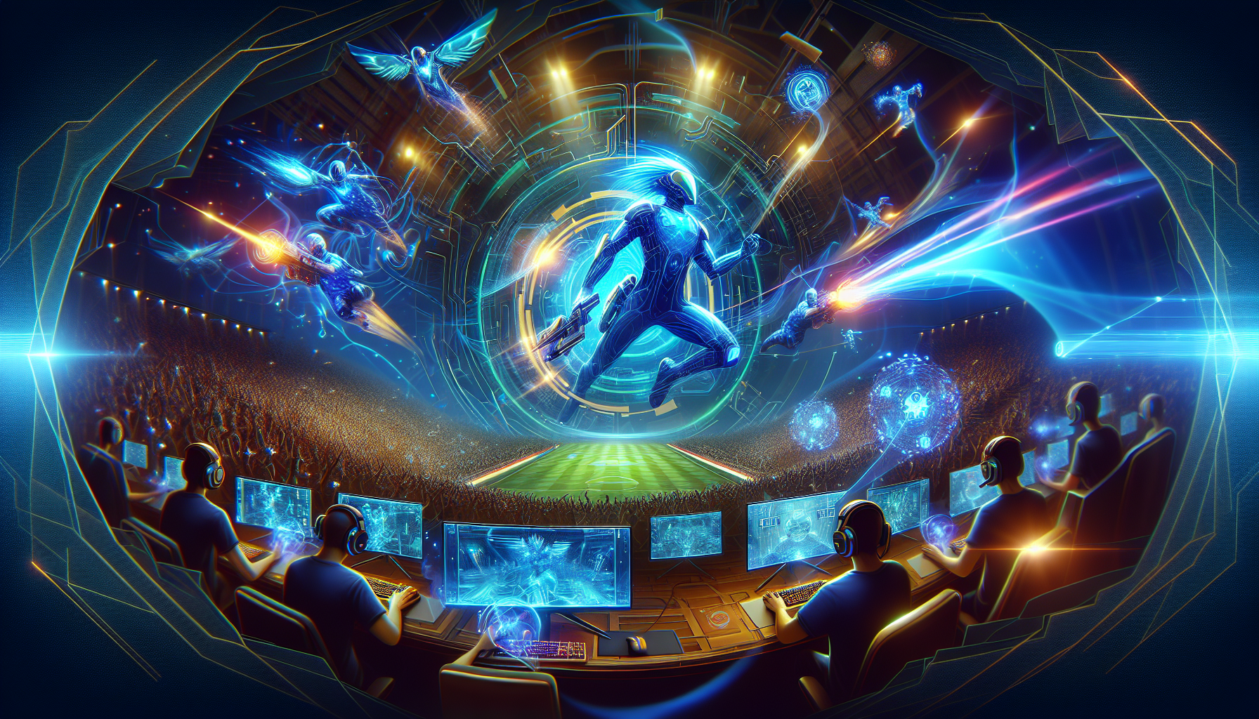 Create an engaging and dynamic digital artwork depicting the excitement of Bet365 Esports. The scene should feature enthusiastic gamers playing popular esports titles on high-end gaming setups, with vibrant LED lights and holographic displays showing live match stats and colorful team logos. Surrounding them, include a cheering crowd, a large screen projecting intense in-game action, and visually striking elements that represent the adrenaline and competitive spirit of esports betting on Bet365.