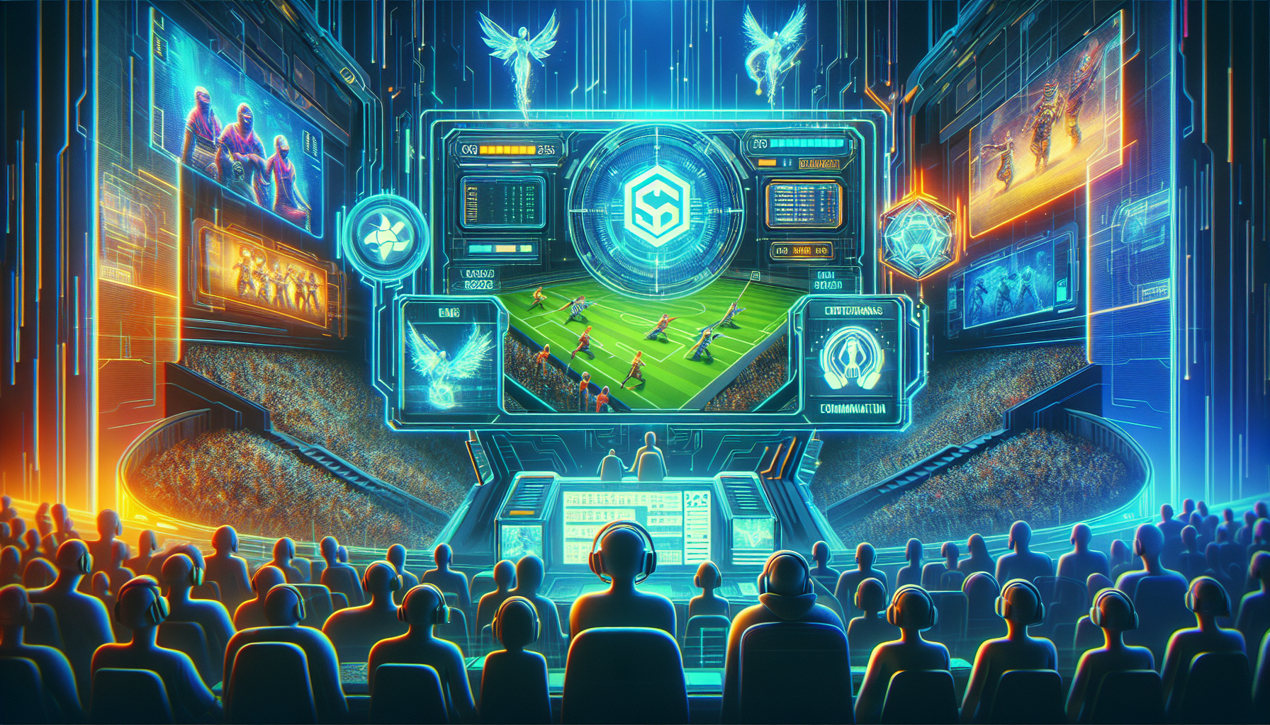 Create an artistic, futuristic digital illustration featuring the top 5 best esports betting sites for 2023. Show a sleek computer interface with vibrant neon elements, displaying logos and screens of various popular esports events. Include fans celebrating, cheering in excitement, and a diverse group of gamers immersed in betting activities. Make the background reminiscent of a high-tech, cyberpunk stadium, with dynamic lighting and holographic displays highlighting the modernity and thrill of esports betting.