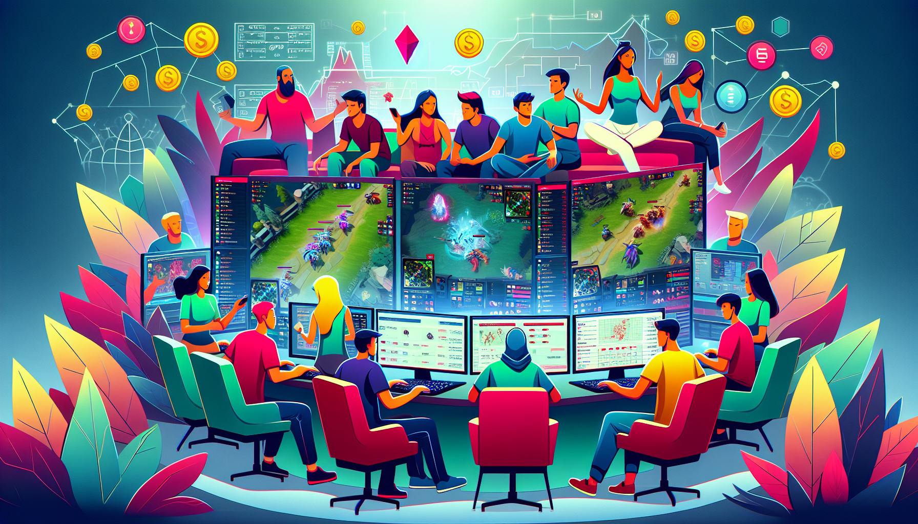 Create a detailed digital illustration showing a scene of people gathered around computers, intensely watching a live Dota 2 match. Highlight various elements of betting, such as digital currency, odds charts, and betting predictions displayed on the screens. Include Dota 2 elements like heroes, the game map, and players in action, ensuring a dynamic and vibrant atmosphere that captures the excitement and complexity of Dota 2 betting.