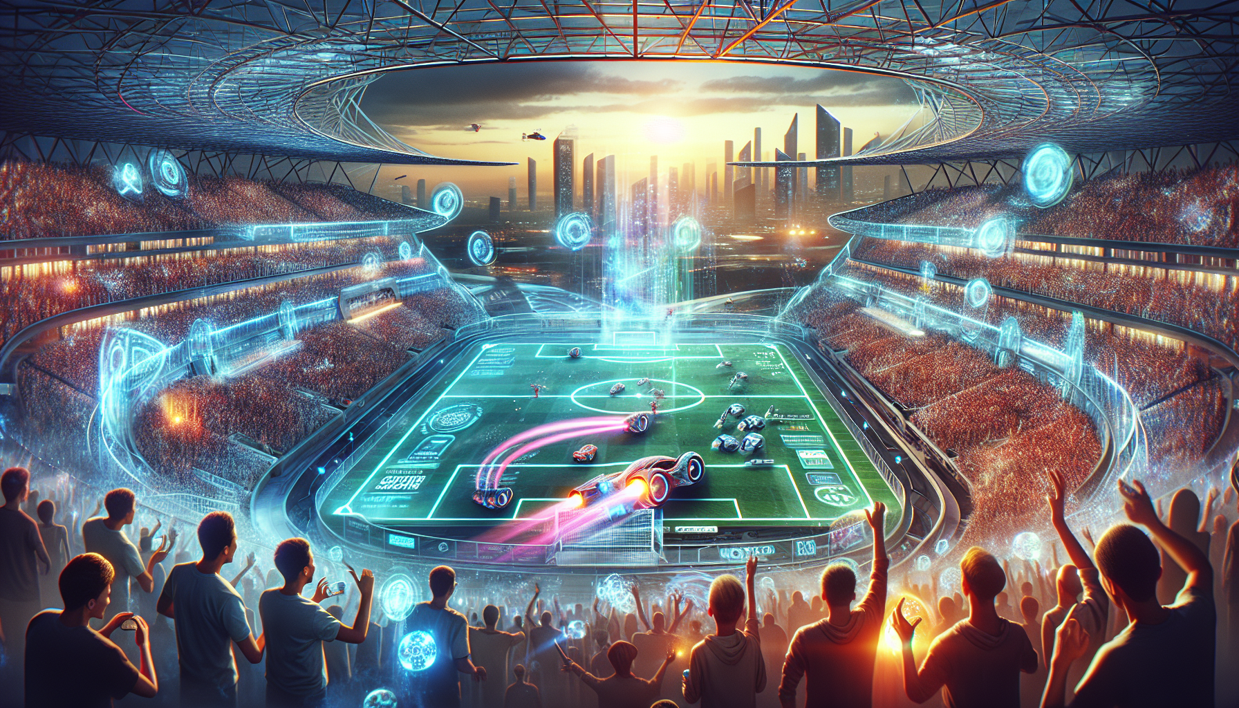 A vibrant, futuristic stadium filled with cheering fans watching an intense, high-flying Rocket League match on a giant screen. Alongside the action, displayed holographically, are live betting odds and stats. Futuristic cityscape visible through the stadium's open roof, with sleek cars and drones completing the scene.