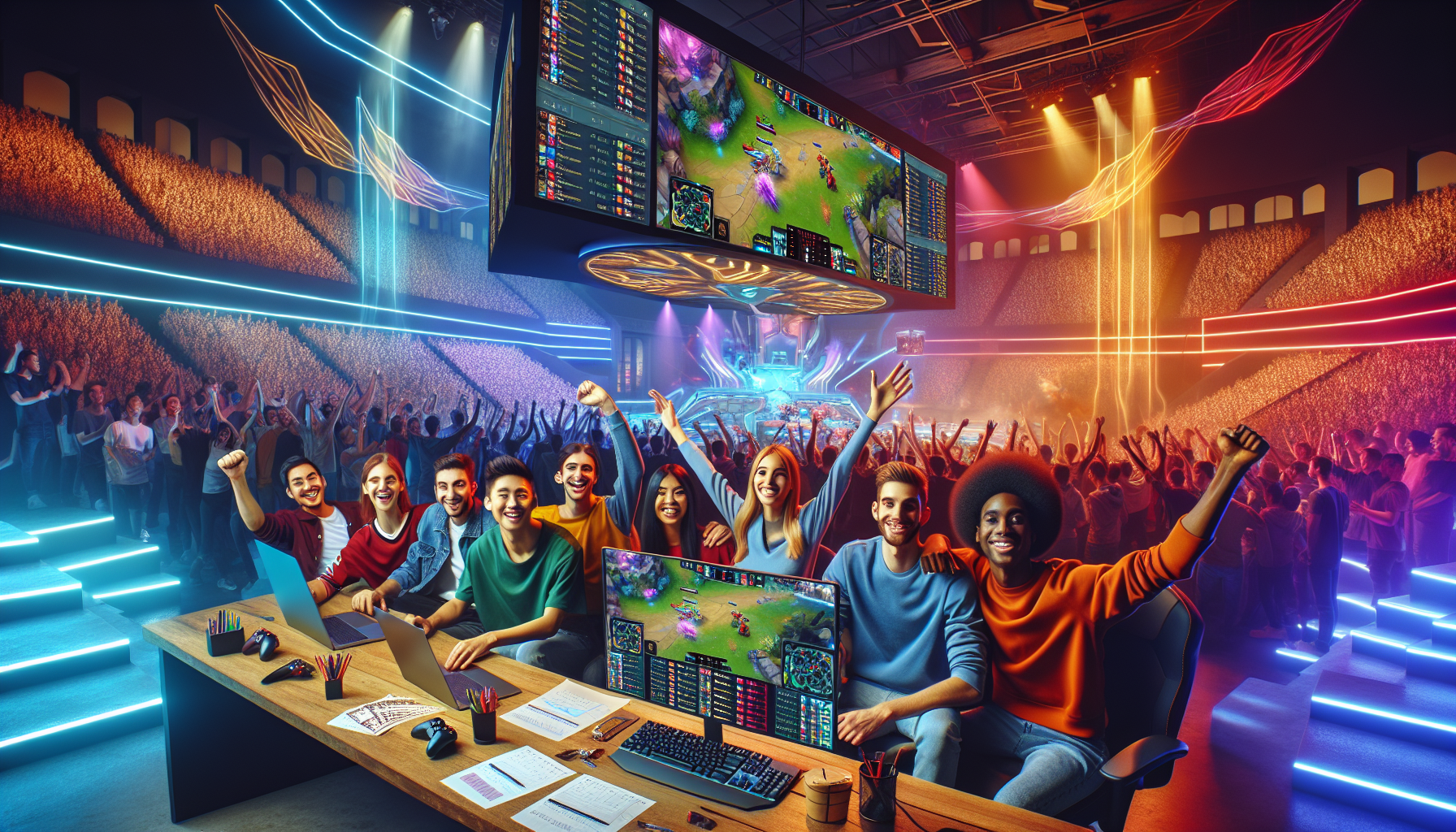 Create an image of an energetic esports arena with fans cheering, large screens showcasing a Valorant match in progress. In the foreground, have a diverse group of young adults gathered excitedly around a computer, with betting slips, a laptop displaying a betting website, and Valorant logos prominently featured. Make sure the scene is vibrant and full of energy, capturing both the excitement of esports and the anticipation of placing bets.