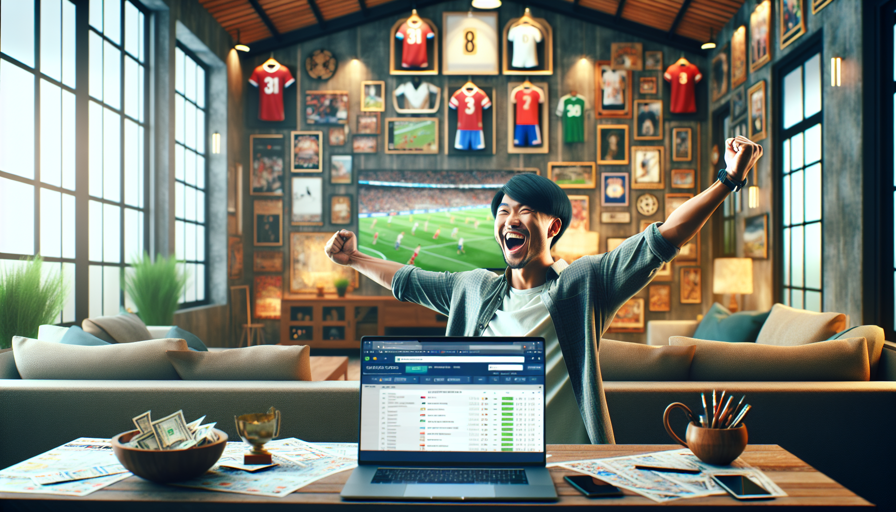 Create a detailed and vibrant image of a person joyfully celebrating a win while using a laptop, with a sleek website showing 'Midnite Sports Betting' on the screen. The setting is a cozy modern living room, with sports memorabilia on the walls, and a TV in the background showing a live sports game. Emphasize a positive and enthusiastic atmosphere that conveys the excitement and satisfaction of winning at sports betting.