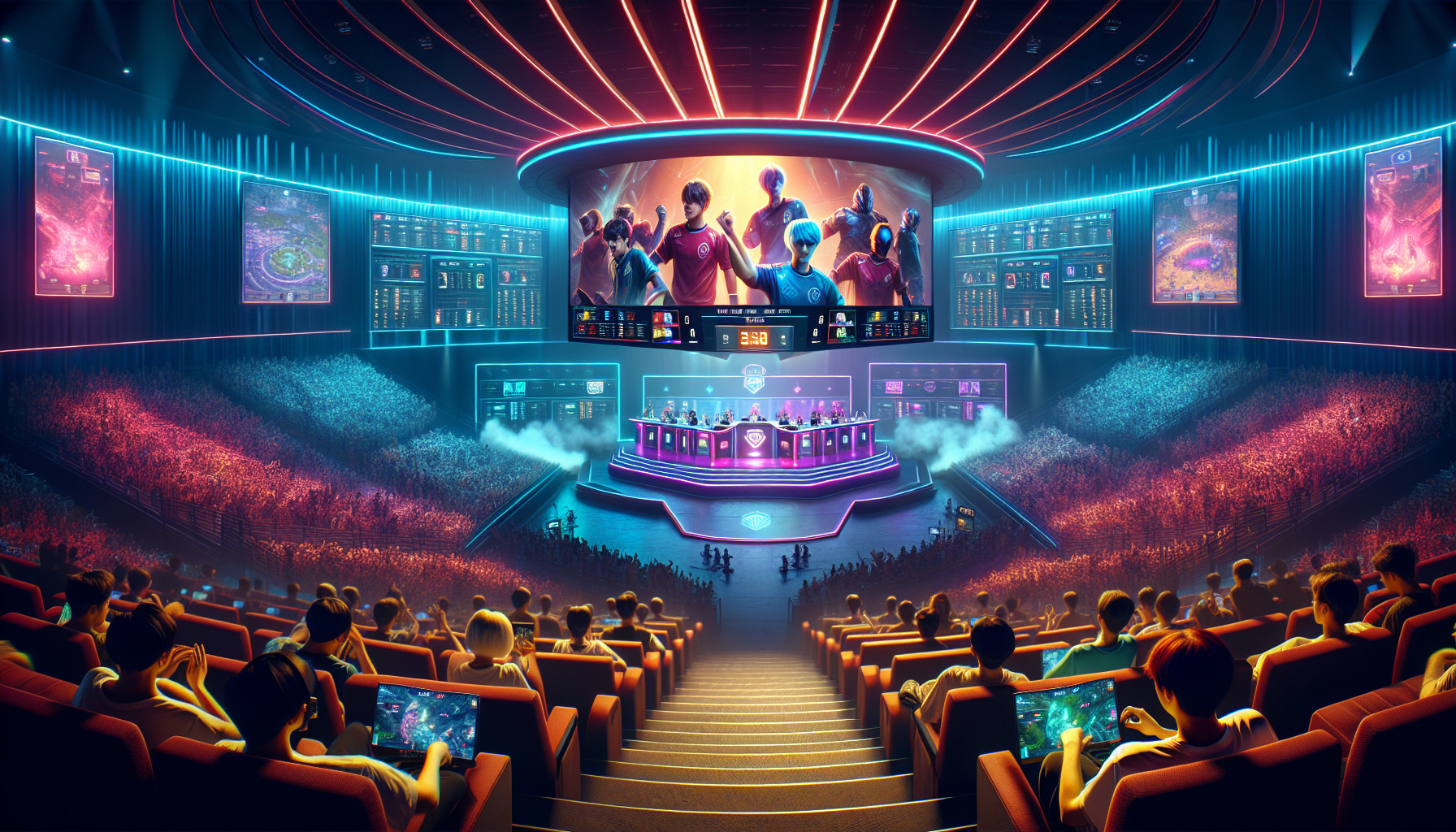 Create a dynamic scene of a high-stakes esports tournament sponsored by Betway, showcasing professional gamers intensely competing in a futuristic, neon-lit arena. The audience is enthusiastically cheering, with large screens displaying game stats and logos. The overall vibe should highlight the excitement and professionalism of the new era in competitive gaming.