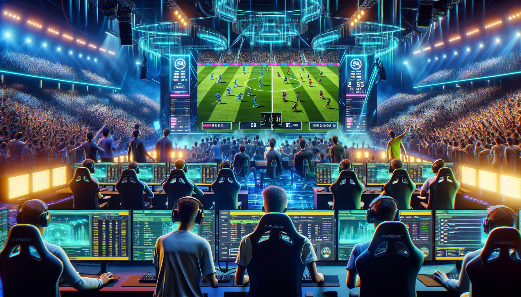 Create an image of an intense FIFA esports match with vivid, colorful graphics on a large monitor at a gaming tournament. The focal point should be a pair of passionate players, each with their own gaming setup, including high-end gaming chairs and headsets, in front of the screen. Surround the scene with a lively audience, various betting graphics and statistics displayed on a secondary screen, and enthusiastic commentators providing insights. Include banners and logos indicating it’s an official esports event, and add a digital overlay that suggests live betting options.