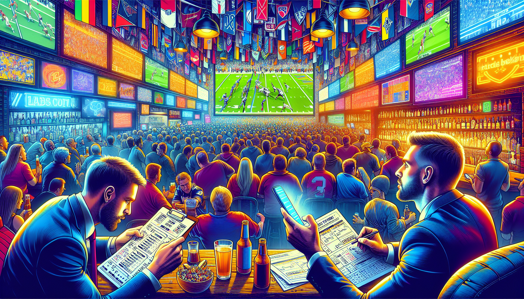 Create an image portraying the excitement and strategic planning involved in rivalry betting. The scene should show two enthusiastic sports fans in a lively, packed sports bar, both intensely focused on a big-screen TV showing a high-stakes game. One fan is holding a betting slip and a smartphone, symbolizing the latest betting odds and strategies they are considering. The background should feature other patrons cheering, emotional reactions, and an energetic atmosphere full of team banners and sports memorabilia.