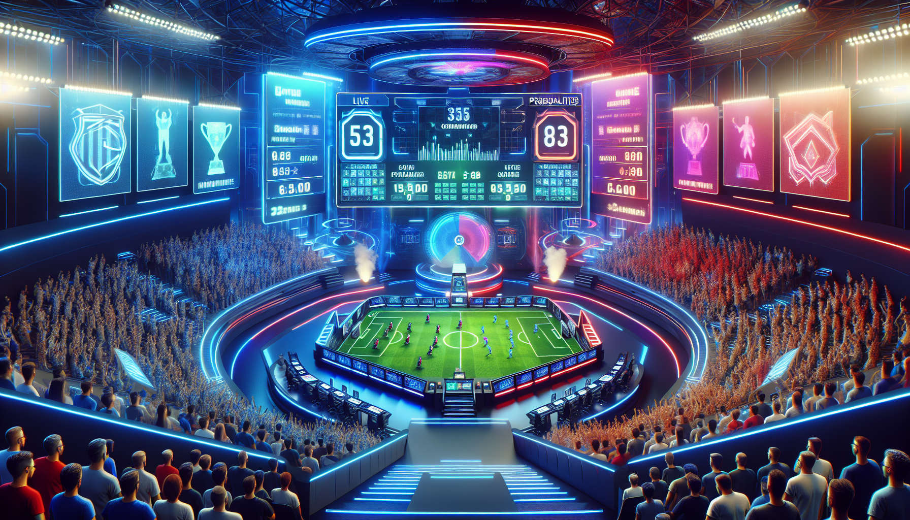 Create an image of a futuristic esports arena filled with excited fans watching an intense Dota 2 match on giant screens. Incorporate elements of betting, such as live odds and statistics displayed on holographic panels around the arena. Showcase vibrant team banners and a dynamic, action-packed atmosphere that highlights the competitive nature of Dota 2 and the thrill of betting.