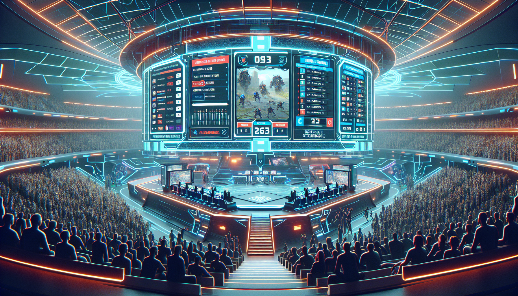 Create an image of a futuristic digital arena filled with enthusiastic spectators watching League of Legends on giant screens. Highlight various prominent online betting platforms integrated seamlessly within the scene, showing clear interfaces for placing bets. Emphasize the high energy, advanced technology, and competitive spirit of the esports betting environment in 2023.