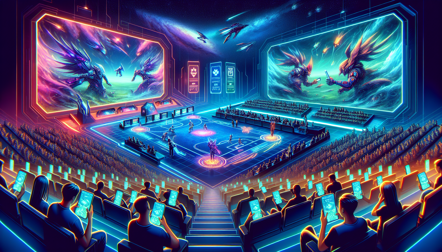 A vibrant digital illustration of a futuristic esports arena in 2023, filled with intense Mobile Legends matches being played on giant screens. The crowd is engaging with betting apps on their futuristic smartphones, showing excitement and anticipation. Stylish banners display popular betting sites, creating an electrifying atmosphere of competition and gaming.