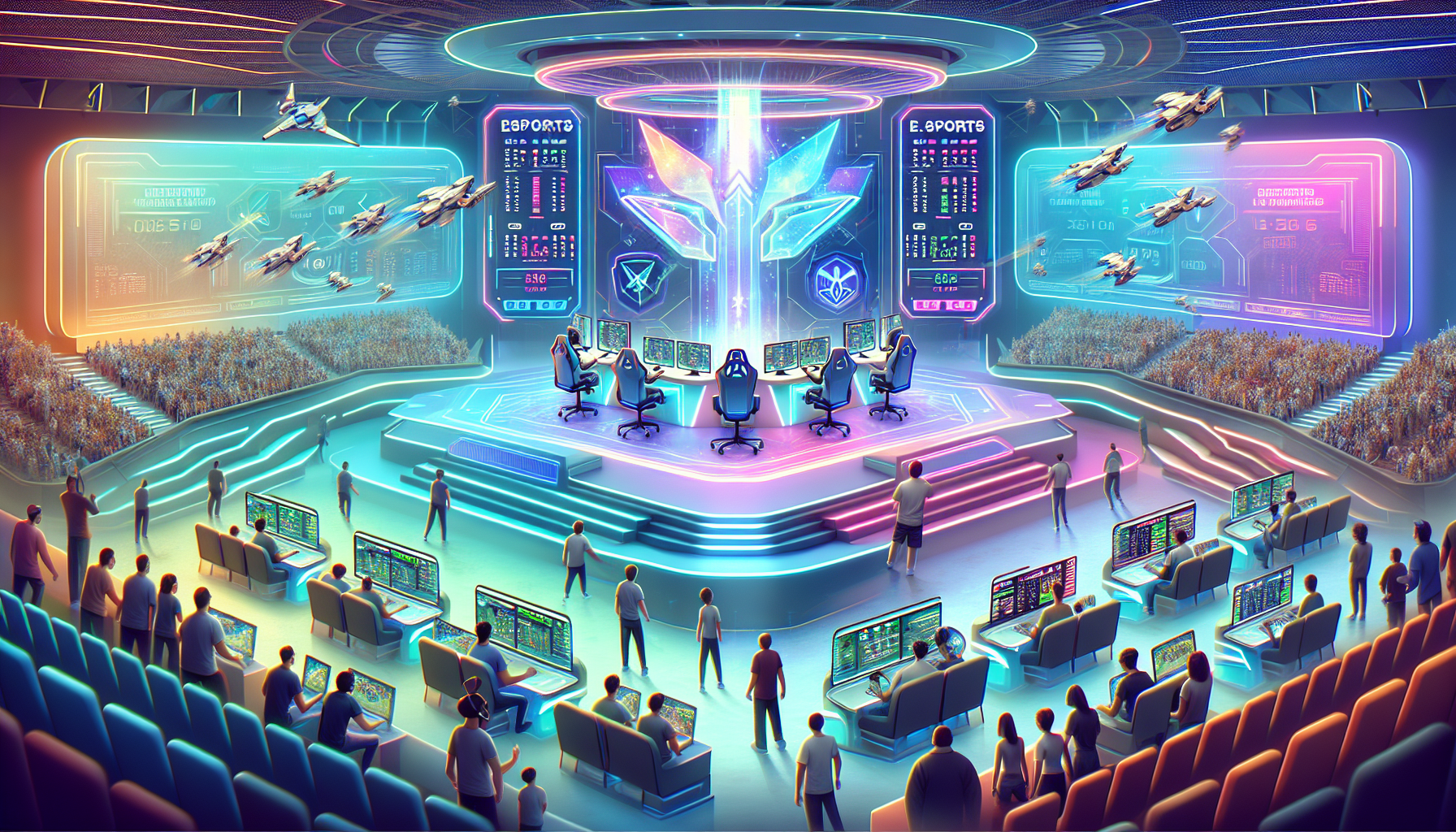 Create an image of a dynamic and engaging scene featuring a futuristic gaming arena with various esports teams competing. Surrounding the arena are high-tech betting terminals where enthusiastic fans are placing bets on their favorite teams. The scene should include holographic displays showing real-time betting odds and team stats. Incorporate a banner at the top of the image that reads 'Top Picks: The Best Esport Betting Sites of 2023' in a modern, eye-catching font.