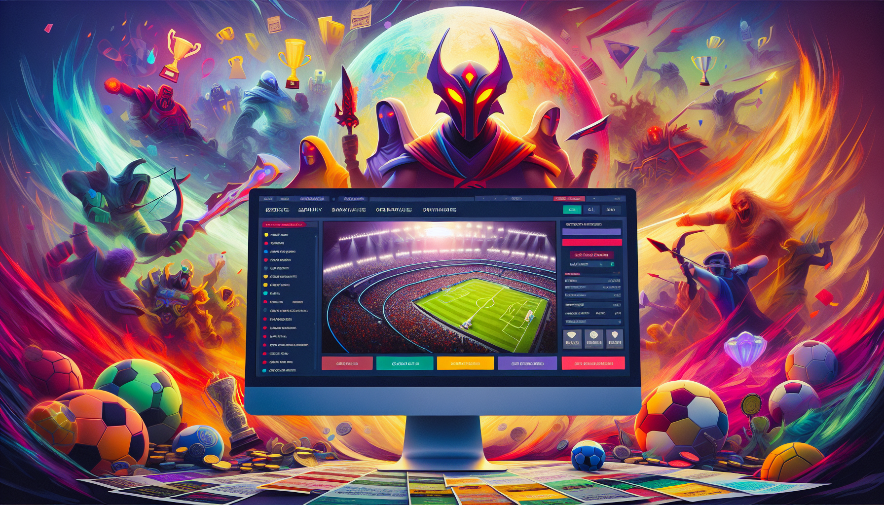 Create an image featuring a computer screen displaying a vibrant Dota 2 match, with various betting site tabs open around the edges of the screen. The background includes elements like esports trophies, cheering spectators, and a calendar for upcoming tournaments. Emphasize the importance of security features, user interface, and diverse betting options on the screen.