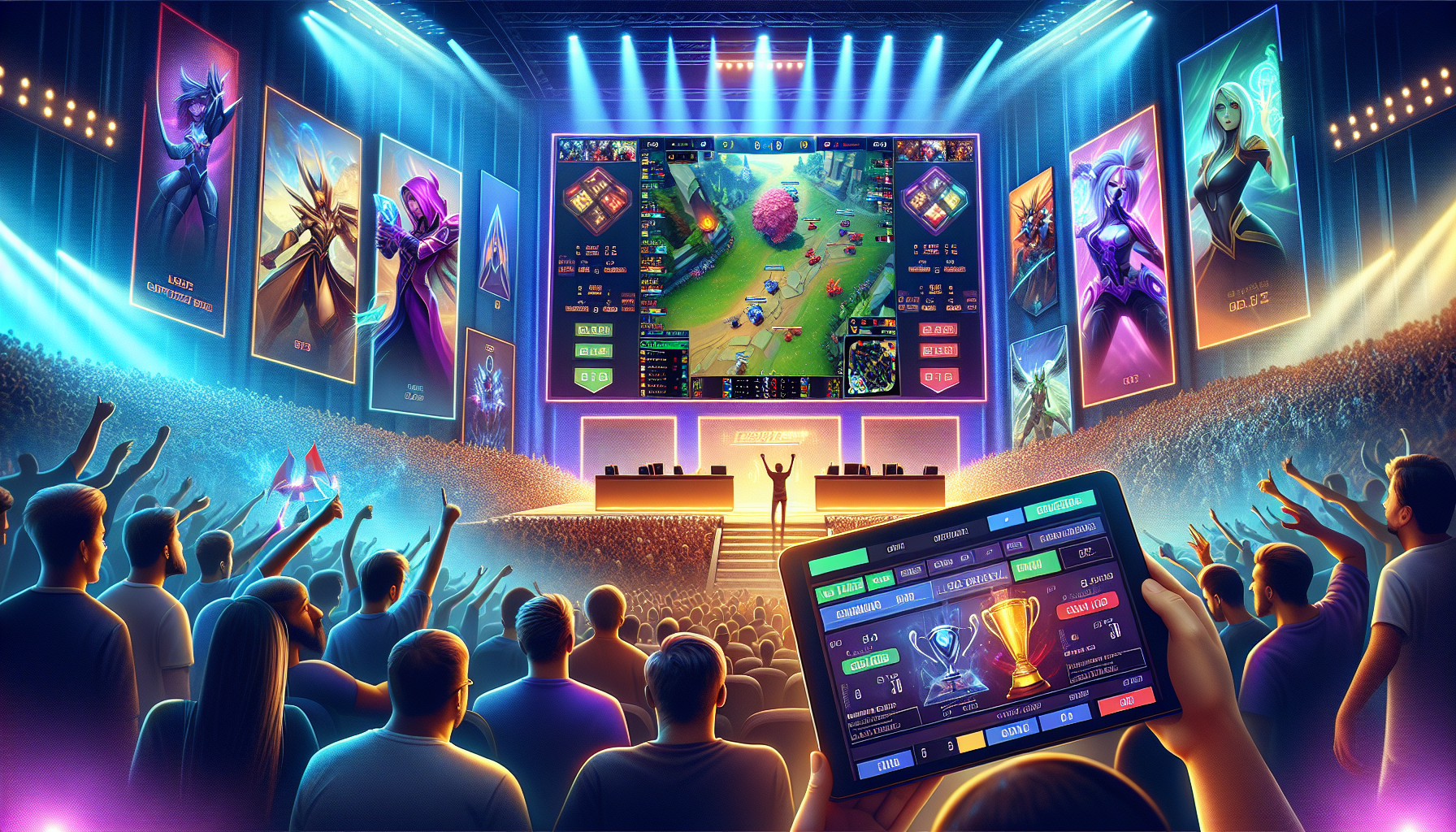 Create an image that showcases a vibrant esports betting scene. The background should have an energetic gaming tournament with large screens displaying popular esports games such as League of Legends, Dota 2, and CS:GO. In the foreground, depict a sleek, modern interface of a betting website on a tablet or smartphone, highlighting different betting options, odds, and live streams. Include enthusiastic, diverse fans cheering and engaging with the event. Make sure the overall atmosphere feels dynamic and exhilarating, capturing the spirit of both gaming and betting.