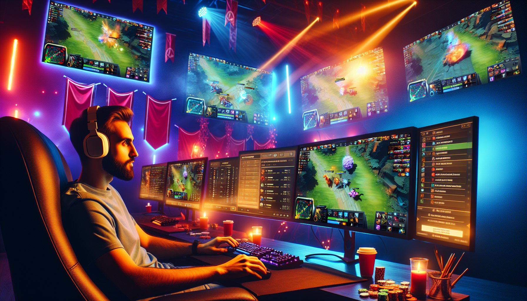 Create an image showing an enthusiastic fan watching a GGBet live stream of a high-stakes Dota 2 match. The scene should feature multiple screens displaying live game action, betting odds, and live chat. The background should include team banners, gaming equipment, and vibrant lighting to reflect the excitement and energy of the esports atmosphere.