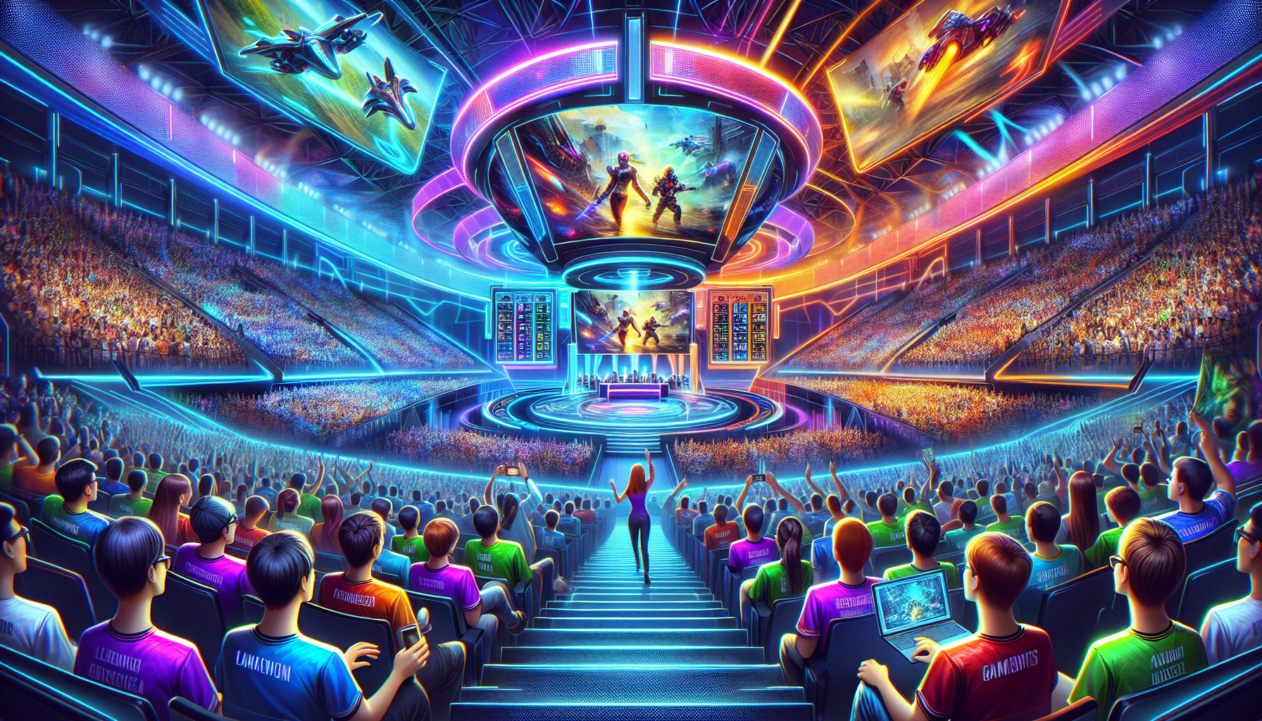 Create an image of a futuristic esports arena filled with excited fans in colorful team jerseys, giant screens displaying vibrant gameplay from popular games, and a commentator analyzing odds on a holographic board. The ambiance should be energetic, with neon lights giving a sense of high-tech excitement.