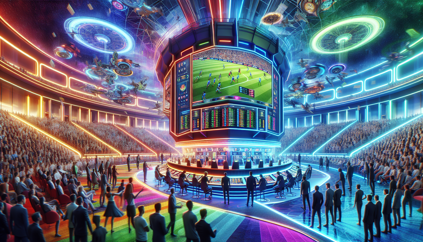 Create an image capturing the excitement and intensity of esports gambling: vibrant, futuristic gaming arena filled with massive digital screens showing competitive video games, enthusiastic crowds cheering, and a sleek, modern betting station with people placing bets. Highlight the blend of traditional casino elements with the cutting-edge atmosphere of the esports world.