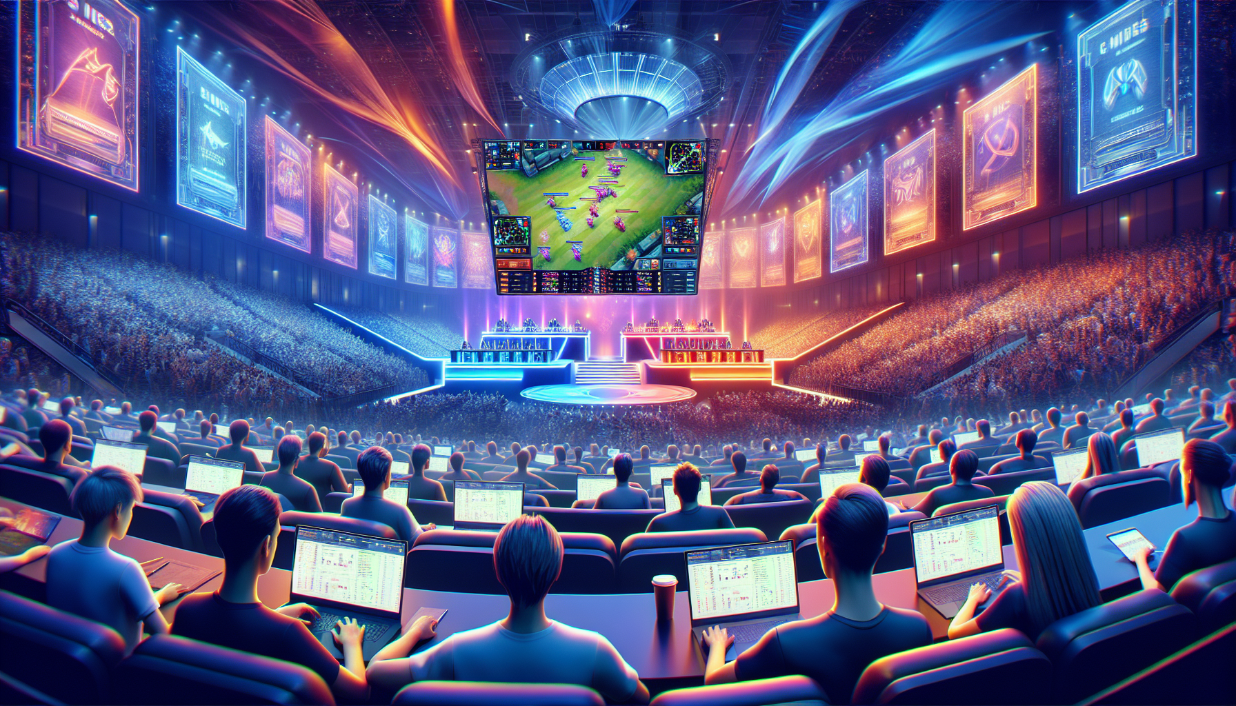 Create an image depicting an intense and dynamic scene of an esports tournament for League of Legends (LOL). Show enthusiastic spectators in an arena, filled with vibrant lights and large screens displaying the game. Highlight a few individuals with laptops and notepads engaging in LOL esports betting, with charts and betting odds visible on their screens. Incorporate elements of excitement and tension to capture the high stakes environment of esports betting.