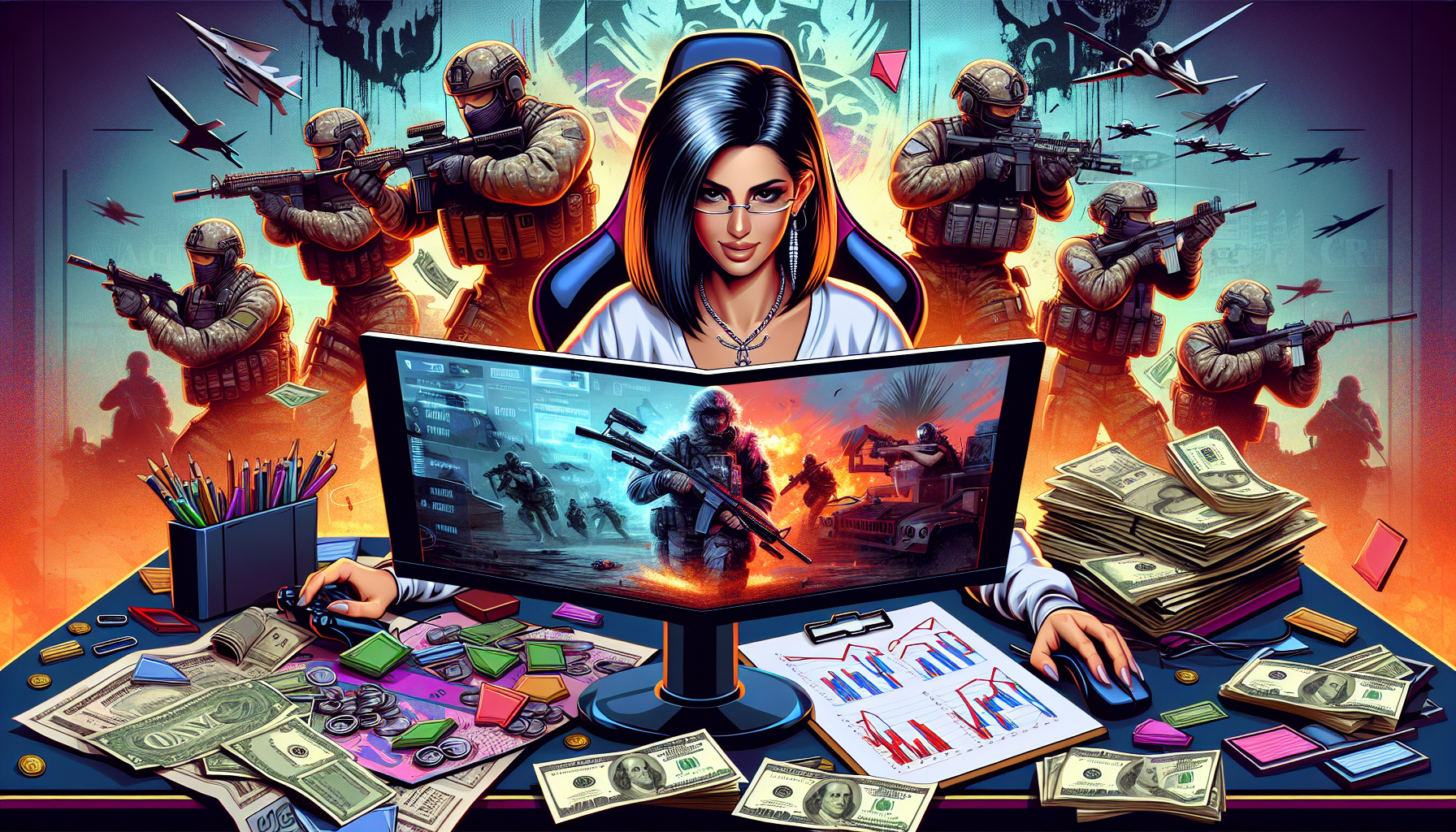 Create an image featuring a person intensely focused on a computer screen displaying a Call of Duty game, surrounded by game strategy notes, betting slips, and dollar bills scattered around the desk. The background showcases a dynamic, action-packed Call of Duty battle scene on the wall, with tactical maps, gaming equipment, and a confident expression on the person's face indicating they are formulating winning strategies. The overall atmosphere should be a mix of excitement and strategic thinking.