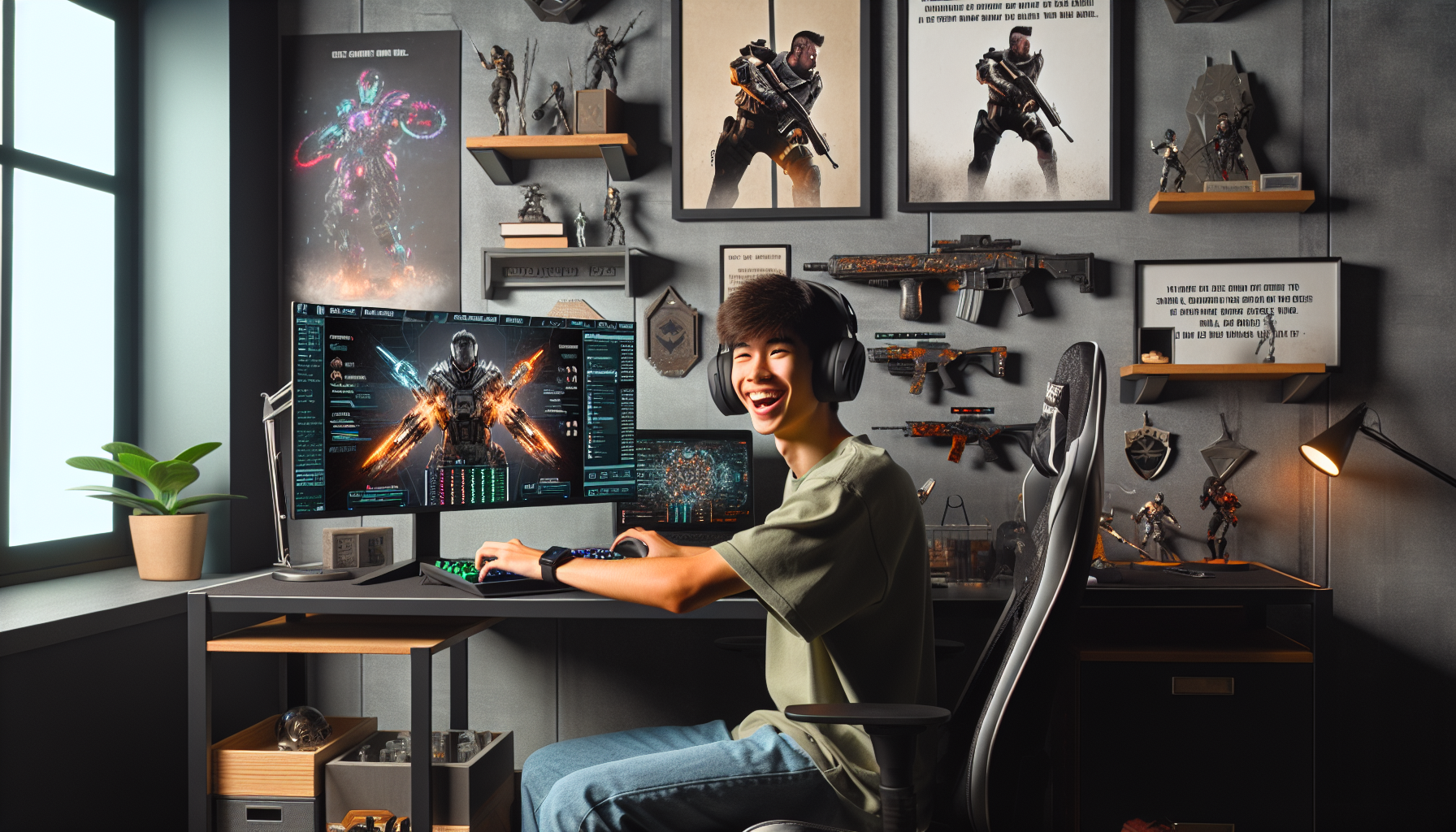 Create an image of an enthusiastic young esports fan sitting at their computer desk, with elements from the game Valorant displayed on their monitor. The room should have a vibrant but organized setup, with posters of Valorant characters on the walls, shelves displaying gaming merchandise, and a few motivational quotes about strategy and focus. The computer screen should also show a website for esports betting, highlighting betting odds and upcoming matches for Valorant tournaments.