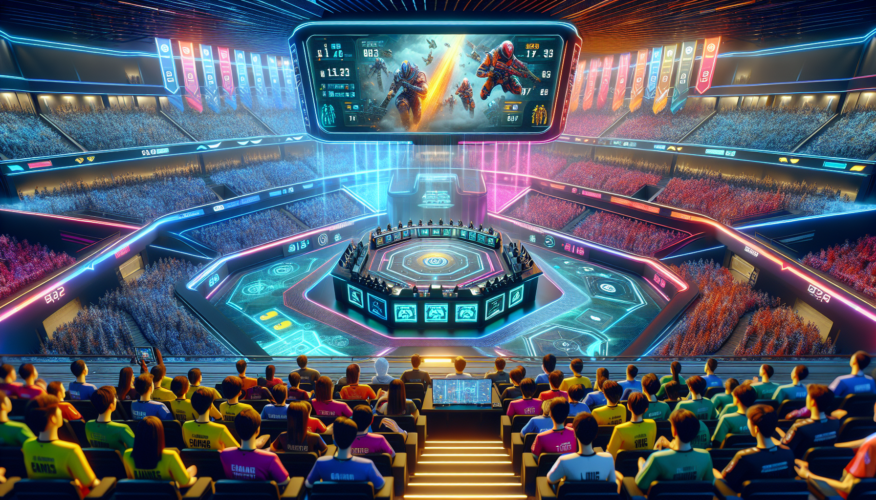 Create an image of a futuristic esports arena featuring a large digital board displaying the current betting odds for the 2023 League of Legends Worlds Championship. Include enthusiastic fans wearing team jerseys, analysts discussing the odds on a virtual set, and a dynamic in-game scene on a giant screen in the background.