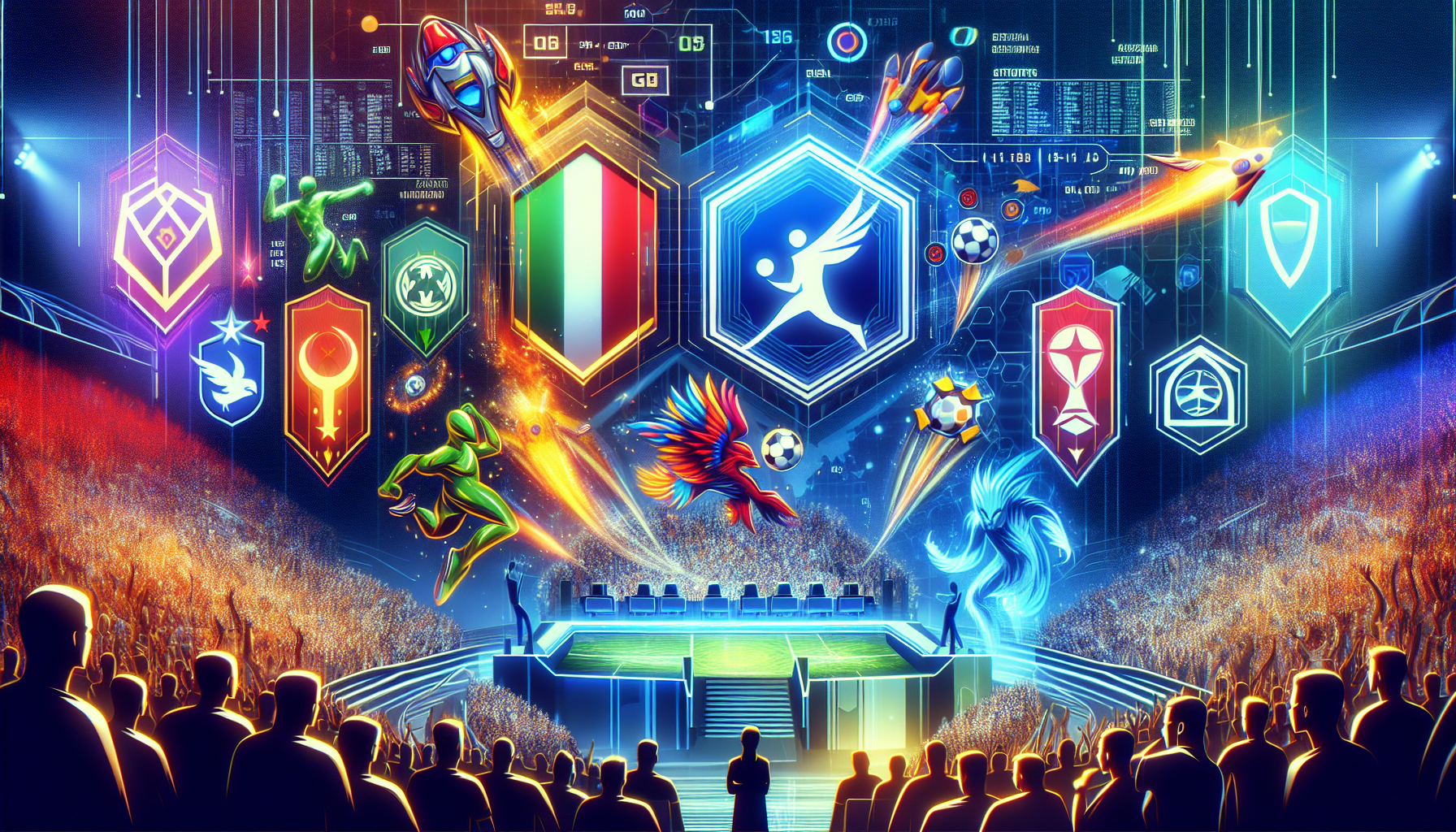 Create an illustration depicting a dynamic and intense scene from the League of Legends (LoL) World Championship. The scene should include various international teams' logos and mascots clashing in a vibrant, futuristic stadium filled with an electrifying crowd. Highlights should focus on the odds and predictions element by incorporating visual representations such as charts, graphs, and betting odds floating in the scene. Ensure the characters and environment are detailed and capture the competitive energy of the event.