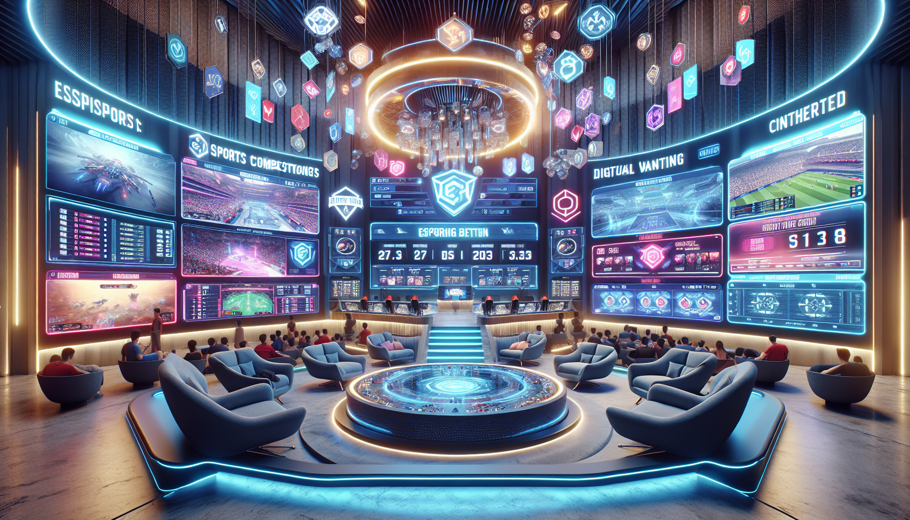 Create an image of a futuristic gaming setup for esports betting in 2023, featuring multiple high-definition monitors displaying live esports matches and statistics, a sleek, high-tech betting interface, and a modern, well-lit room. Include elements like VR headsets, eSports team logos, and digital currency symbols to signify advanced betting options. The atmosphere should be energetic and cutting-edge, reflecting the competitive and innovative nature of the esports industry.