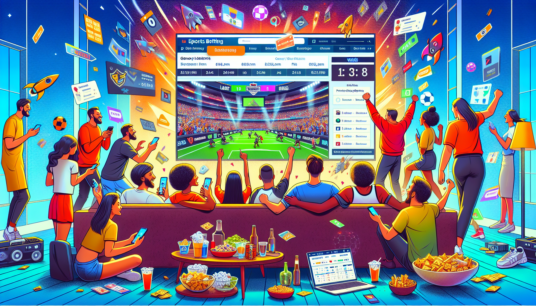 Create an image of an enthusiastic group of diverse people in a modern living room, engaged in FanDuel esports betting on a large television screen displaying a high-energy esports tournament. Include smartphones and laptops showing the FanDuel interface, snacks, and jubilant reactions to victories.