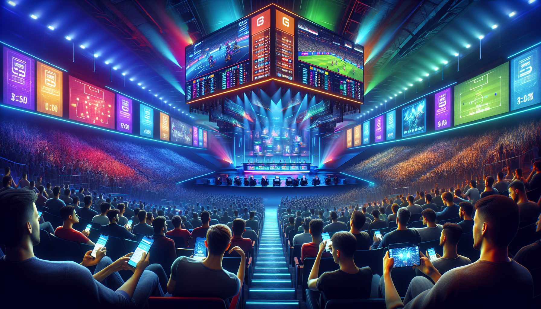 Generate an image depicting a dynamic esports arena with large digital screens displaying live gameplay, fans engaging with their phones and tablets using the FanDuel app, and vibrant advertisements promoting FanDuel Esports. The atmosphere should be electric, filled with cheering crowds and colorful lights, reflecting the excitement and rise of esports betting.