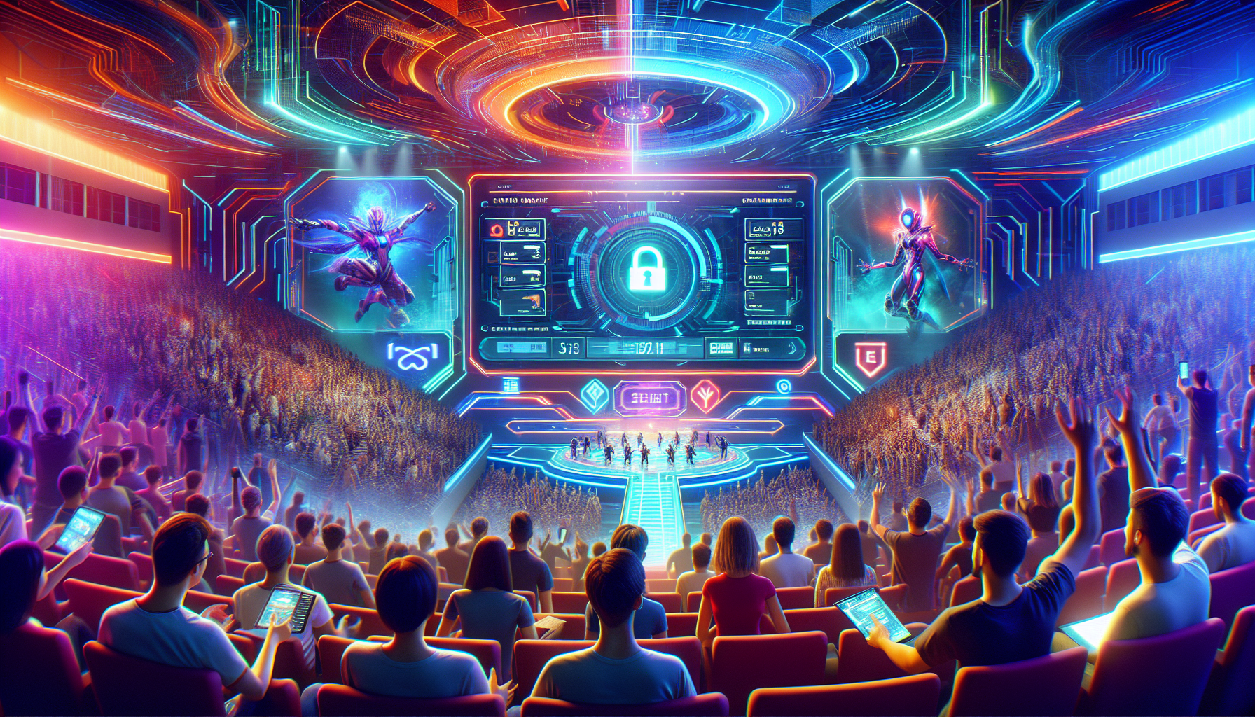 Illustration of a lively, futuristic esports arena with fans cheering and colorful lights illuminating the stage. In the foreground, a detailed interface of a Dota 2 betting website is visible on a large screen, showcasing various teams, odds, and bet options. The site’s design is sleek and modern, with easy-to-navigate tabs and a secure lock icon indicating safe transactions. Enthusiastic characters are using their devices to place bets, highlighting excitement and engagement. The backdrop includes iconic Dota 2 heroes and digital elements representing data and security.