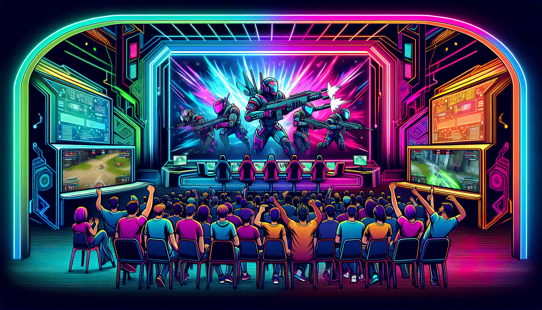 Create an action-packed digital illustration of esports enthusiasts intensely watching a competitive CSGO match on a large screen at GGbet's vibrant, futuristic betting platform. The atmosphere should be electric, with dynamic neon lights, cheering fans, and modern tech-driven betting terminals in the background.