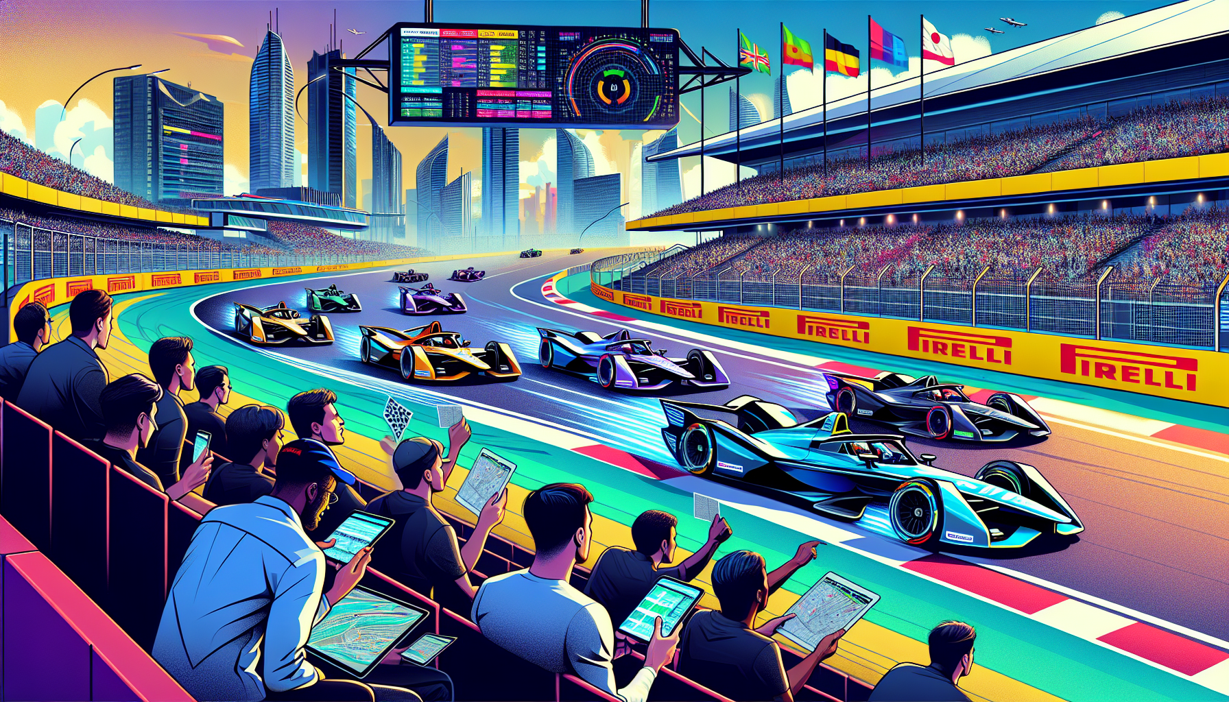 Create a detailed image of a dynamic Formula E race track. The scene includes futuristic electric race cars speeding around sharp turns, vibrant advertisements, and energetic crowds in the stands. In the foreground, a diverse group of fans are intensely analyzing the race, with some holding mobile devices and betting slips. Include elements that suggest strategy and analysis such as charts, odds boards, and team statistics overlays subtly in the background. The mood should convey excitement, anticipation, and strategic thinking.