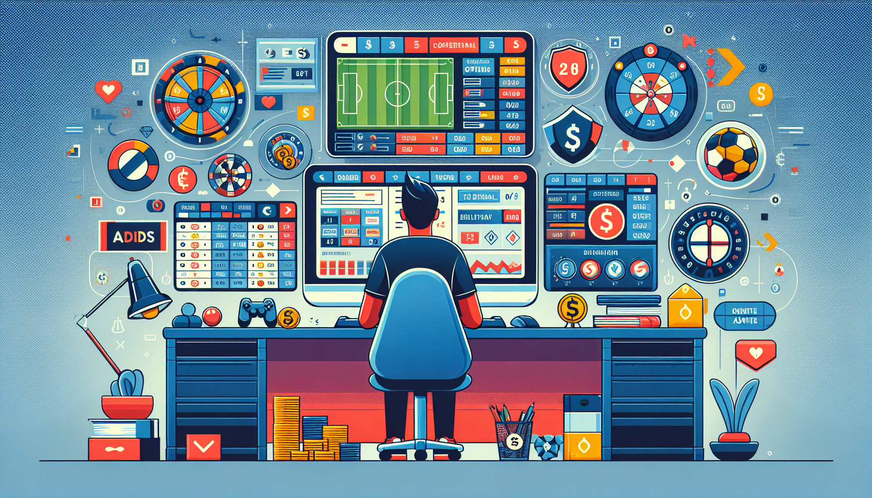 Create a detailed illustration showing a beginner's guide to betting on the Call of Duty League. The image should include a gamer enthusiast at their desk with screens displaying various betting options, odds, and team stats. Surrounding the main setup, add small icons representing different aspects of betting, such as money, odds, teams, and tips. The background should subtly hint at a competitive gaming atmosphere, with Call of Duty League logos and gaming paraphernalia.