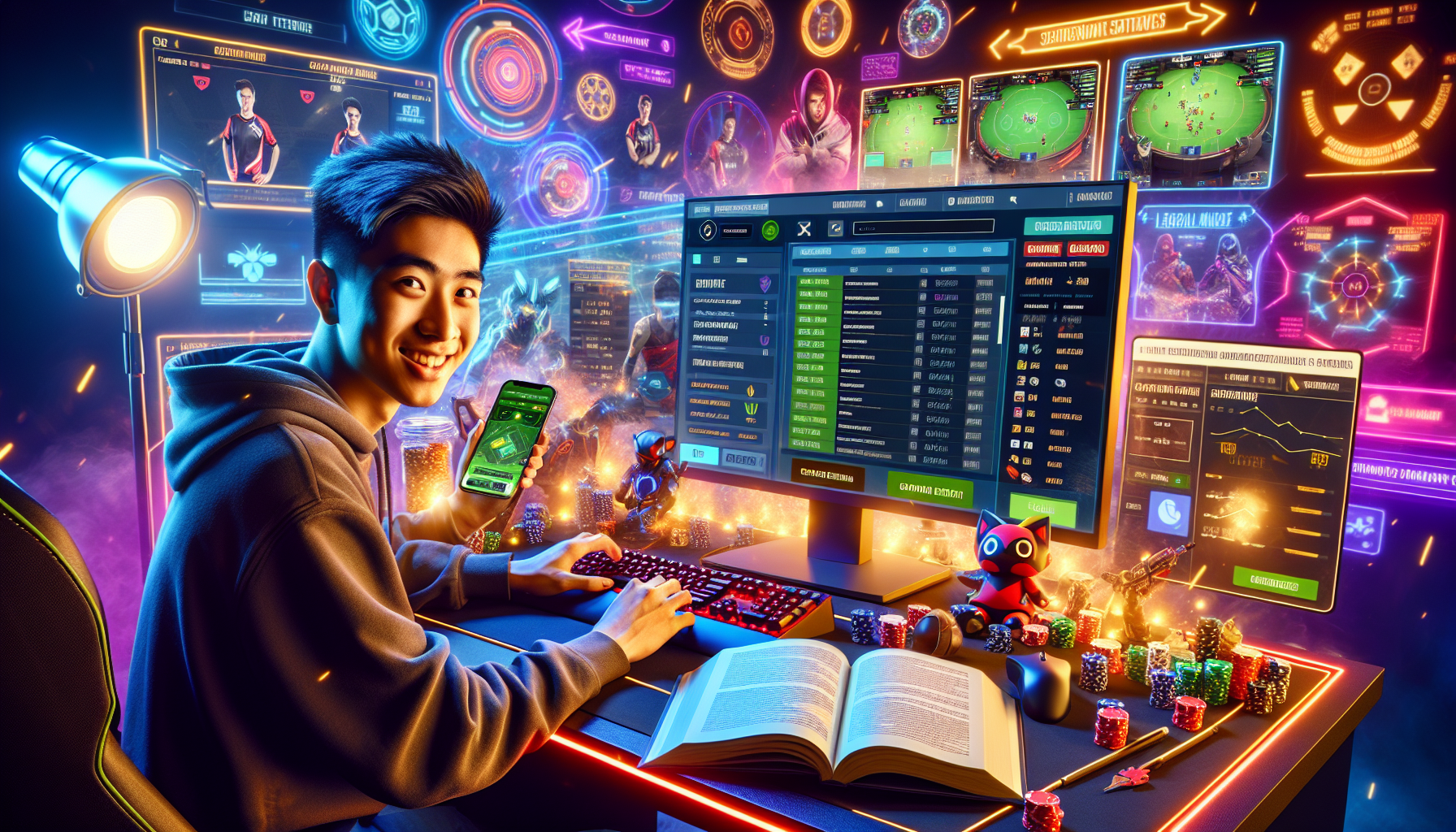 A vibrant and dynamic digital illustration depicting an enthusiastic young gamer sitting at a computer desk, surrounded by esports memorabilia and colorful LED lighting. The computer screen displays a popular esports match, while another part of the screen shows an online betting interface with odds and statistics. On the desk, there's a smartphone showing the process of placing a bet, as well as a strategy guidebook titled Betting on Esports for Beginners. Surrounding the setup are icons of popular esports games and teams, highlighting the competitive nature and excitement of esports betting. The overall atmosphere is energetic and inviting, capturing the excitement of the online esports betting experience for newcomers.