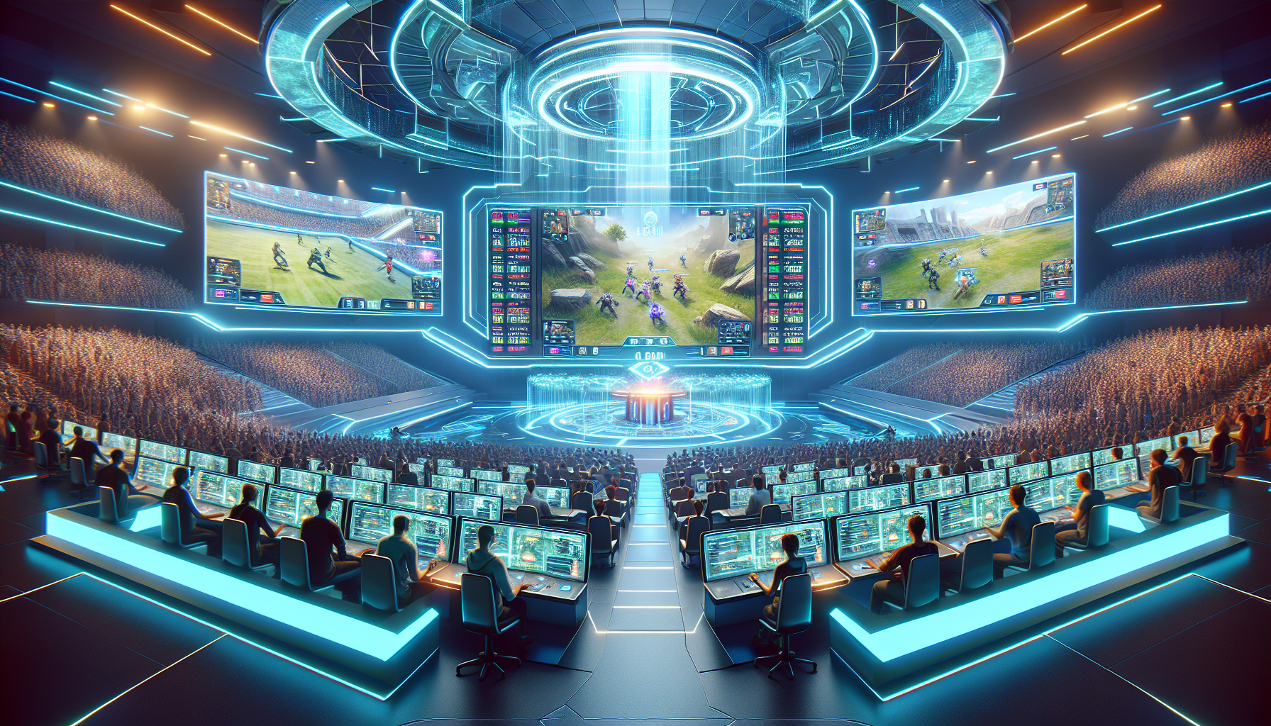 Create a dynamic and vibrant scene featuring a high-stakes betting environment centered around an Apex Legends esports tournament. Show a futuristic arena filled with excited spectators, large digital screens displaying the game in action, and bettors using sleek, glowing interfaces to place their wagers. Capture the intensity of the competition and the excitement of the crowd, with a modern, cyberpunk aesthetic highlighting the new era of esports wagering.