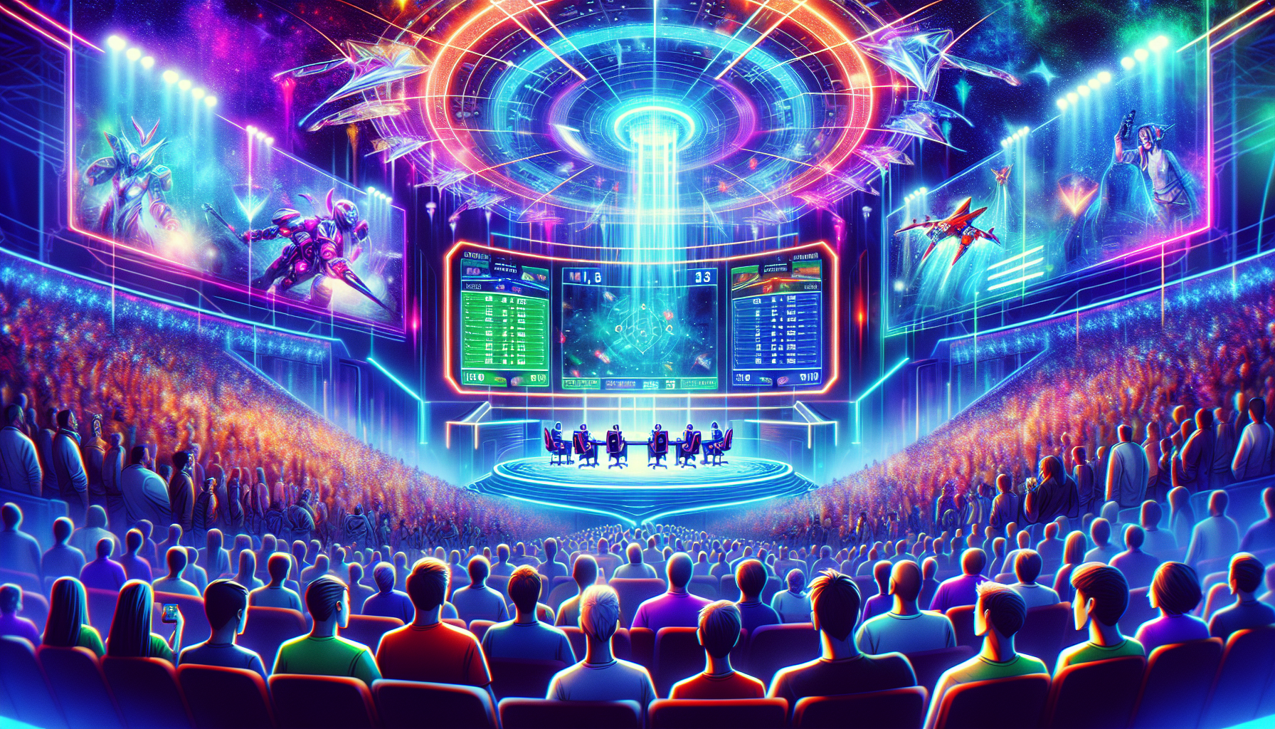 Create an image depicting the fusion of esports competitions and betting, featuring vibrant gaming arenas, enthusiastic fans, and digital betting interfaces. Highlight popular esports games and iconic gaming characters in action, with elements indicating real-time betting such as odds, stakes, and winning amounts displayed on sleek holographic screens. Incorporate a dynamic and energetic atmosphere to emphasize the excitement of this emerging trend in the gaming world.