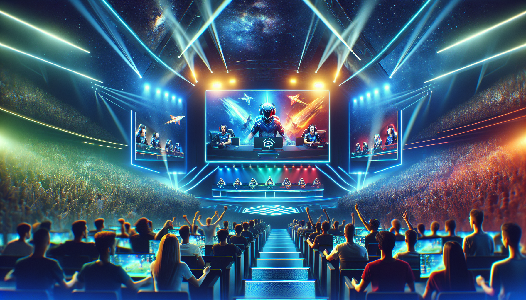 Create an image depicting a modern esports arena with vibrant lights and large screens showcasing a competitive gaming tournament. One half of the arena should illustrate enthusiastic fans placing bets using digital devices while the other half features intense gaming action with professional players engrossed in their games. Blend the excitement of competitive gaming with the innovative technology of sports betting to highlight the new era in esports.