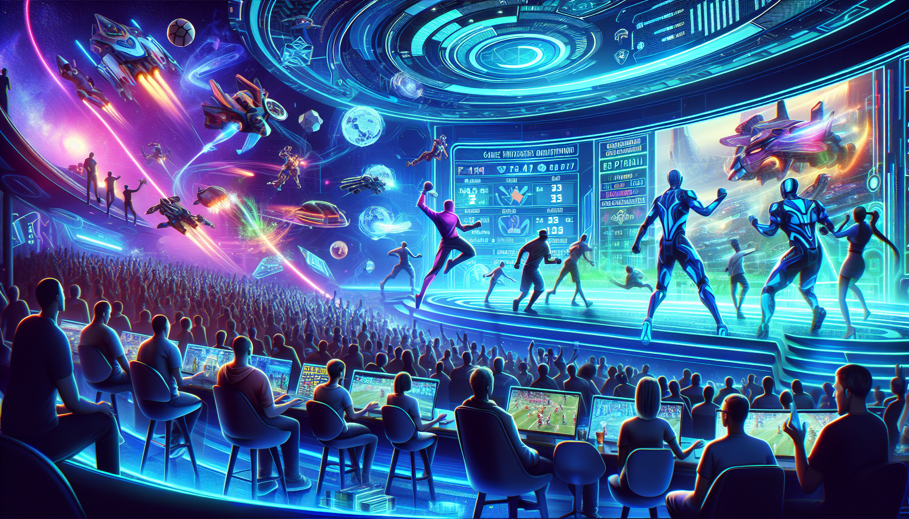 Create a digital illustration depicting the vibrant, futuristic world of Valorant, featuring high-energy gameplay action on one side and an enthusiastic crowd engaging in match betting on the other. Show sleek user interfaces for placing bets and highlight intense moments from the game with characters displaying their unique abilities. Include neon lights, holographic displays, and a dynamic atmosphere that captures the excitement of eSports and the growing trend of match betting.