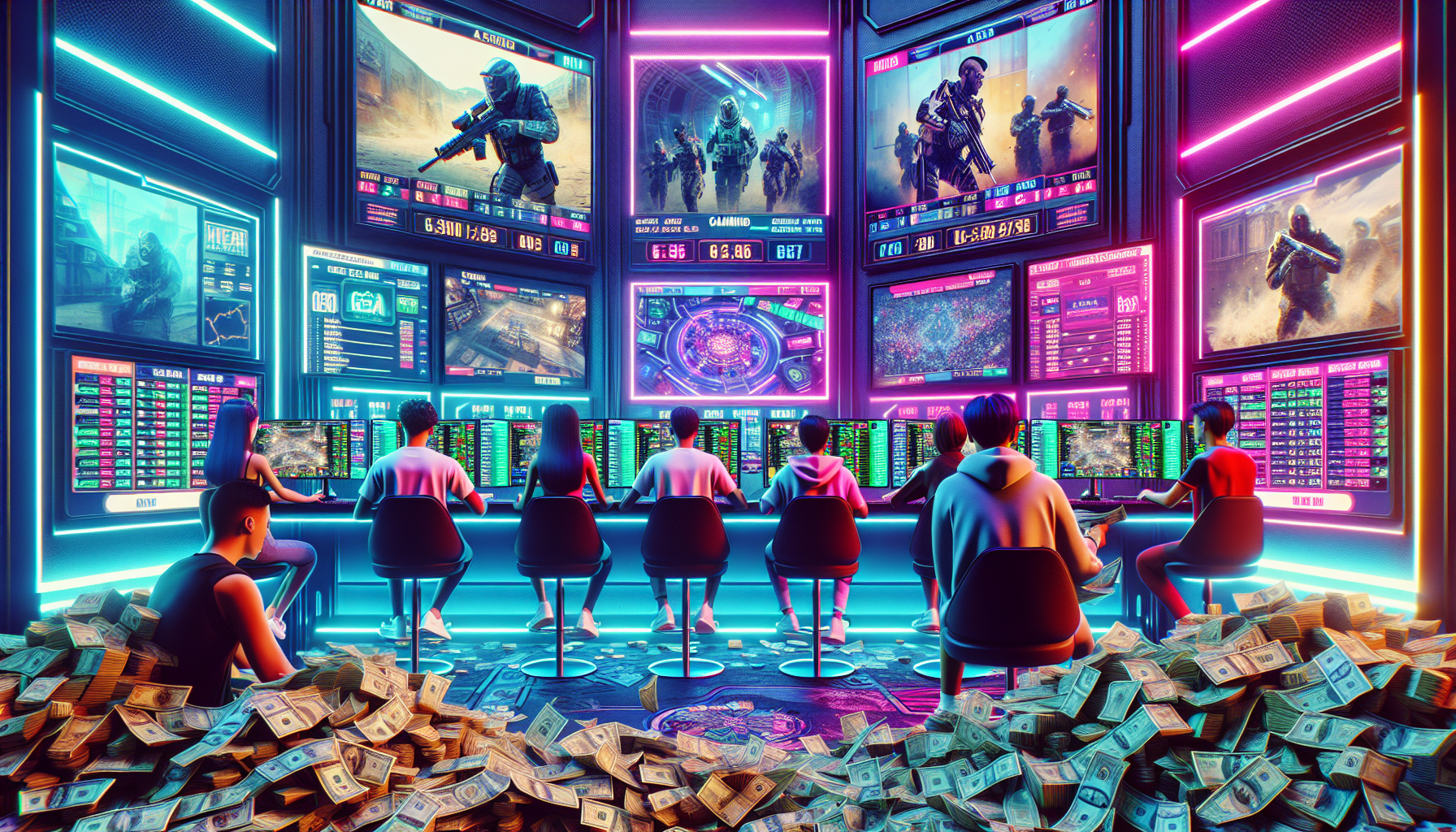 Create an image of a futuristic gaming setup with neon lights and screens displaying the game Valorant. In the foreground, show a diverse group of young adults intensely focusing on a computer with betting odds and stacks of cash around them. Incorporate subtle elements that hint at both the excitement and risks of gambling in esports.