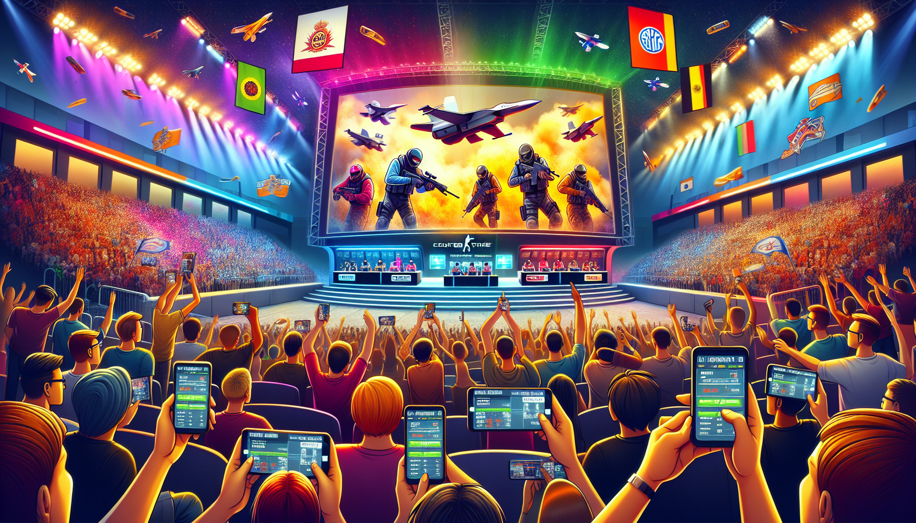 An image of an intense CSGO esports tournament betting scene: a vibrant arena filled with animated fans cheering as professional players compete on stage. Large digital screens display live match statistics and betting odds. In the foreground, a group of diverse spectators are holding smartphones with betting apps open, showing various bets placed on the match outcomes. The atmosphere is electrifying, with colorful team banners and logos enhancing the excitement.