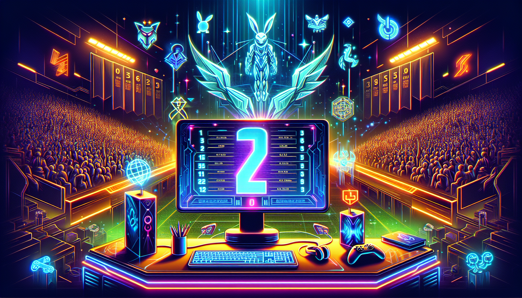 Create an image that features a futuristic, neon-themed setup with a computer screen displaying a list titled Top 10 Best Sites to Bet on Esports in 2023. Surround the screen with various gaming elements like controllers, headsets, and game logos. The background should be an esports arena filled with enthusiastic fans, highlighting the excitement and popularity of esports betting.