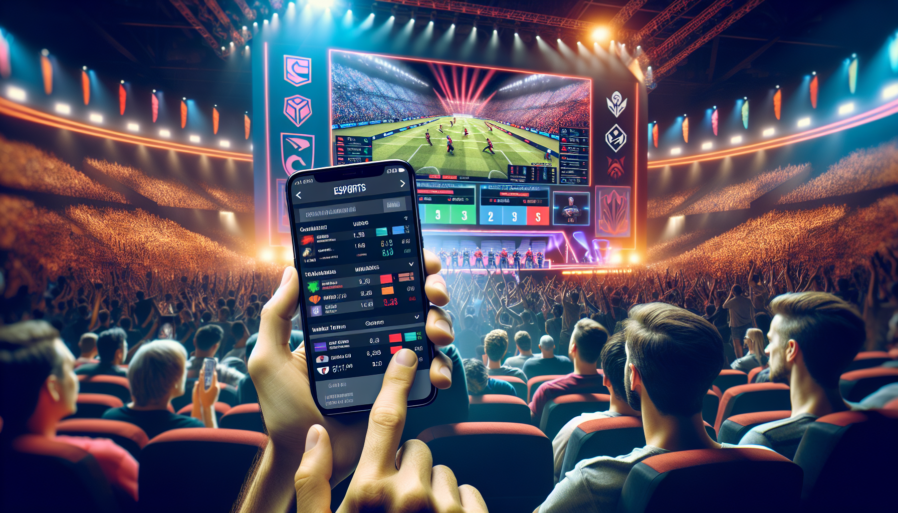 Create an image portraying a vibrant esports arena packed with excited fans watching a live gaming tournament. In the foreground, feature an enthusiastic bettor holding a smartphone displaying an esports betting app with various team statistics, odds, and live game updates. Include dynamic visuals of popular esports games on large screens, with diverse teams competing and eye-catching graphics highlighting strategy and excitement.