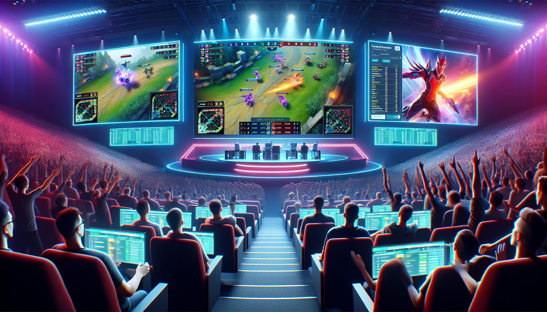 Create an image showcasing a dynamic esports tournament scene for the game Valorant. The image should feature intense moments of gameplay on large screens, a crowd of enthusiastic fans, and a focused section highlighting a betting platform interface. The interface should display various betting options and odds, with vibrant graphics and a clean, modern design. Include elements of Valorant's unique visual style and characters to make the scene instantly recognizable to fans of the game.