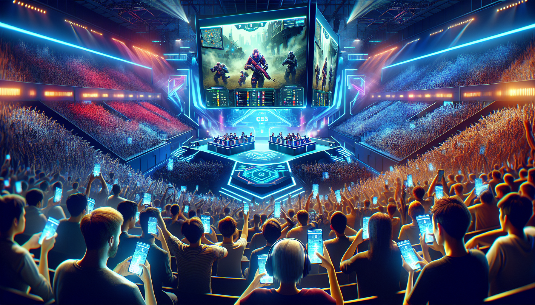 Create an image showing a dynamic esports arena packed with enthusiastic fans. On one side, there's a large digital screen displaying a live multiplayer video game in progress, while on the other side, spectators are engaged with their smartphones, betting in real-time. The atmosphere should be electrifying, with vibrant colors and neon lights illuminating the scene. Highlight the intensity of the competition and the integration of technology in the betting process.