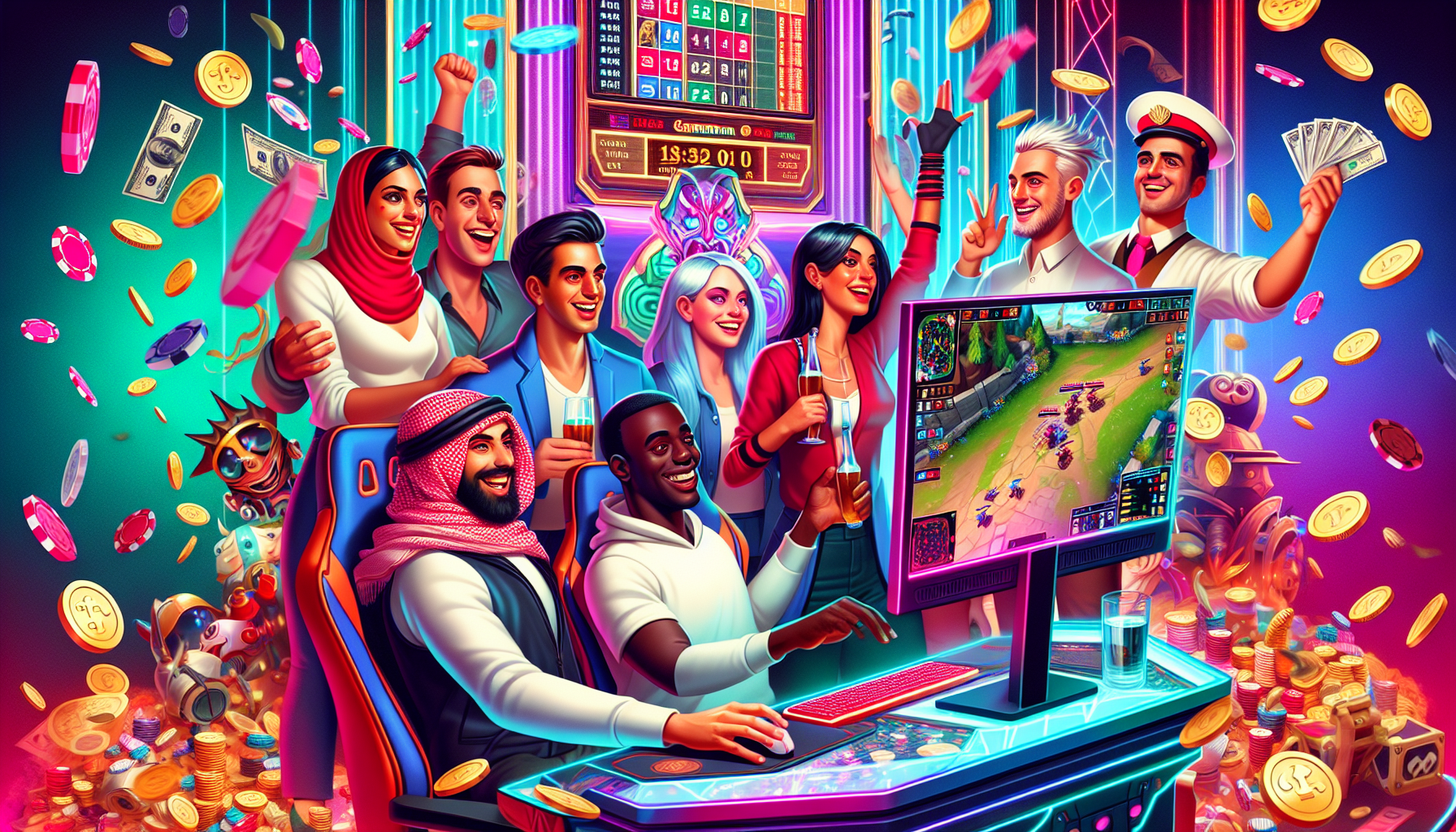 Create an image that illustrates the concept of 'LOL Gambling,' where excited gamers are gathered around a computer screen showing a League of Legends match in progress. Include elements of both fun and risk, such as animated coins falling from the sky and a jackpot meter, alongside concerned expressions alongside happy ones. The background could be a lively, colorful room filled with gaming paraphernalia and neon lights to capture the exciting yet risky atmosphere.