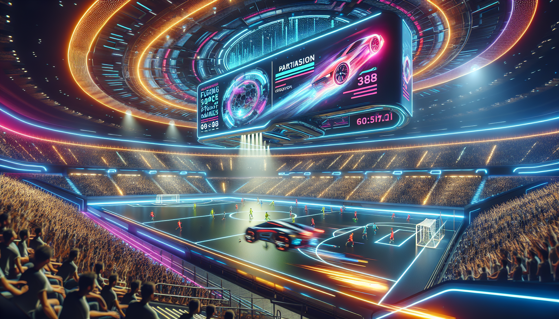 Create a vibrant and dynamic scene showcasing the partnership between Bet365 and Rocket League. Display a futuristic Rocket League stadium filled with cheering fans, with Bet365 branding prominently shown on digital billboards. Capture the excitement of high-speed car soccer action on the field, with players performing aerial maneuvers and scoring spectacular goals. Include vibrant neon lighting to emphasize the electrifying atmosphere of this thrilling new collaboration.