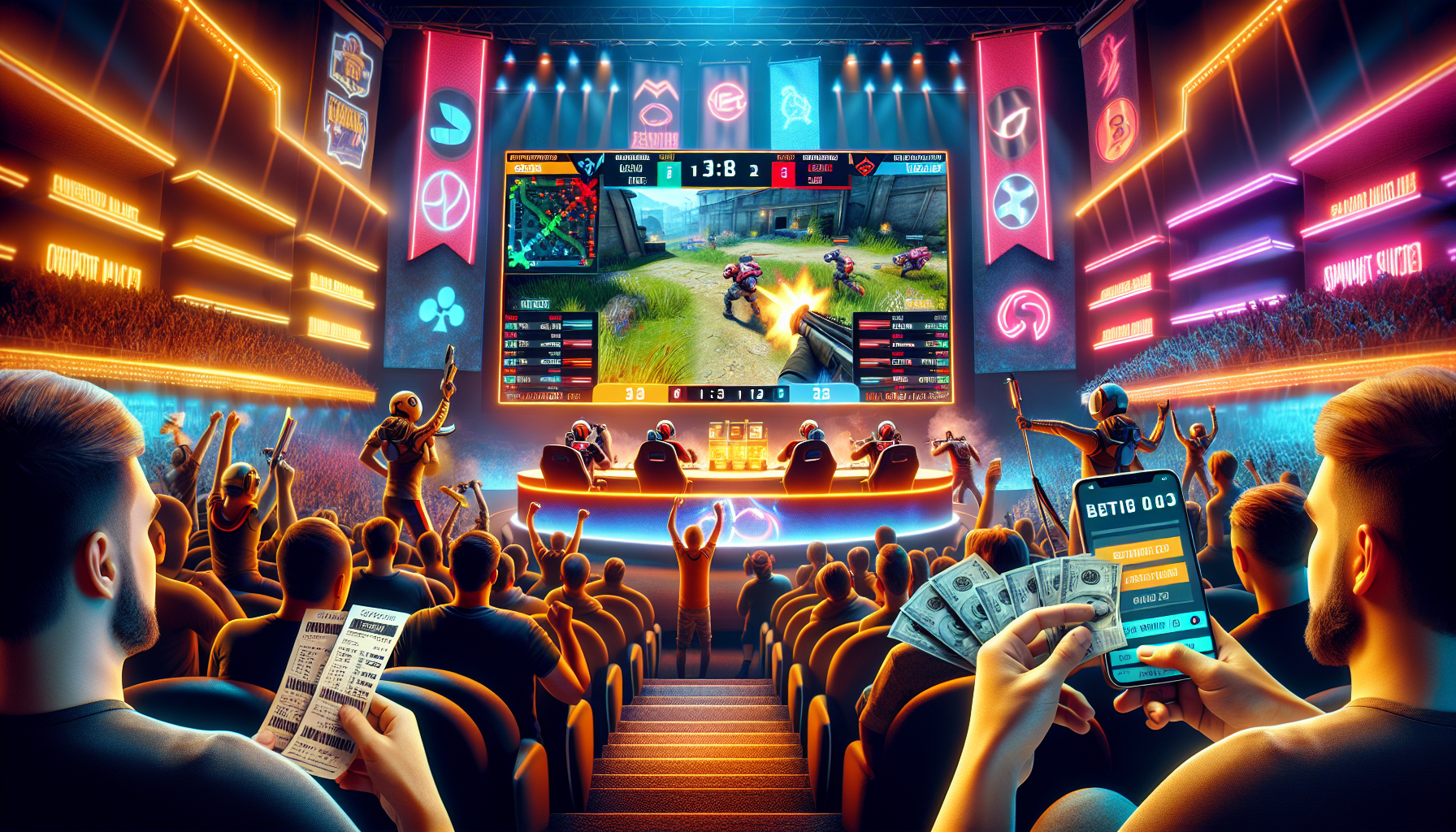 Create a vibrant and dynamic scene showcasing Valorant Champions betting. Include a computer or smartphone screen displaying a live Valorant match, with characters from the game in intense action. Surround the scene with enthusiastic fans holding betting slips, and a backdrop that highlights eSports elements like neon lights, gaming logos, and digital currencies. Make sure there's a sense of excitement and anticipation in the atmosphere.