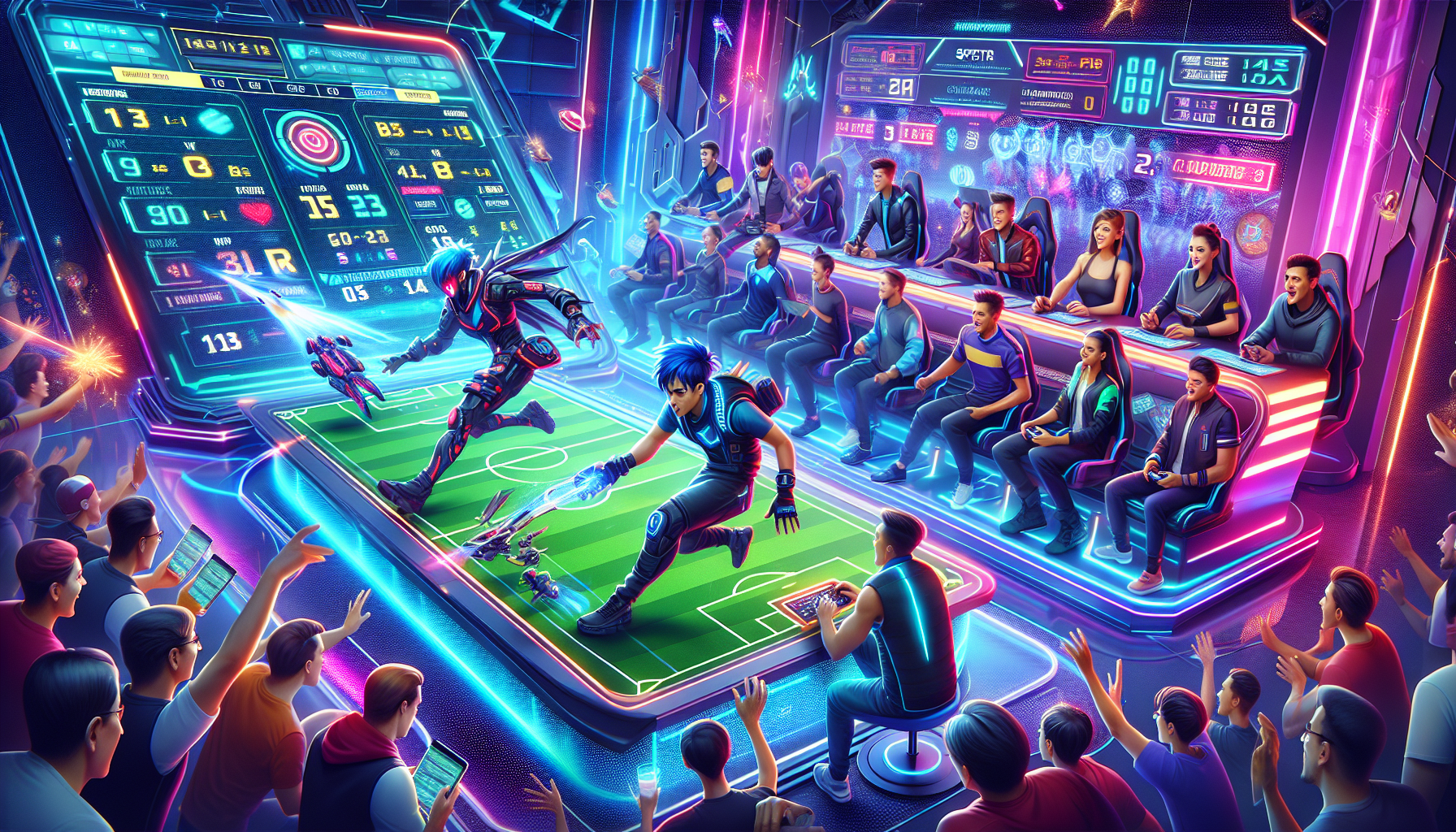 An action-packed scene of vibrant esports gaming, featuring Valorant characters in intense gameplay on a futuristic arena, with excited fans cheering in the background. In the foreground, a sleek digital betting dashboard displays real-time odds and statistics, highlighting the fusion of sports betting and esports. Neon lights and holograms add to the electric atmosphere, symbolizing the innovative and rapidly growing world of Valorant sports betting.